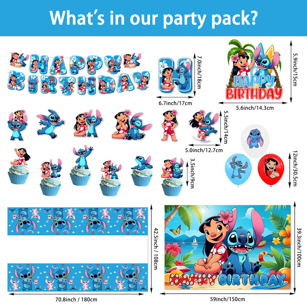 Chinovi Stitch Party Supplies - Birthday Decorations Set with Banner, Backdrop, Balloons, Swirls, Toppers & Tablecloth