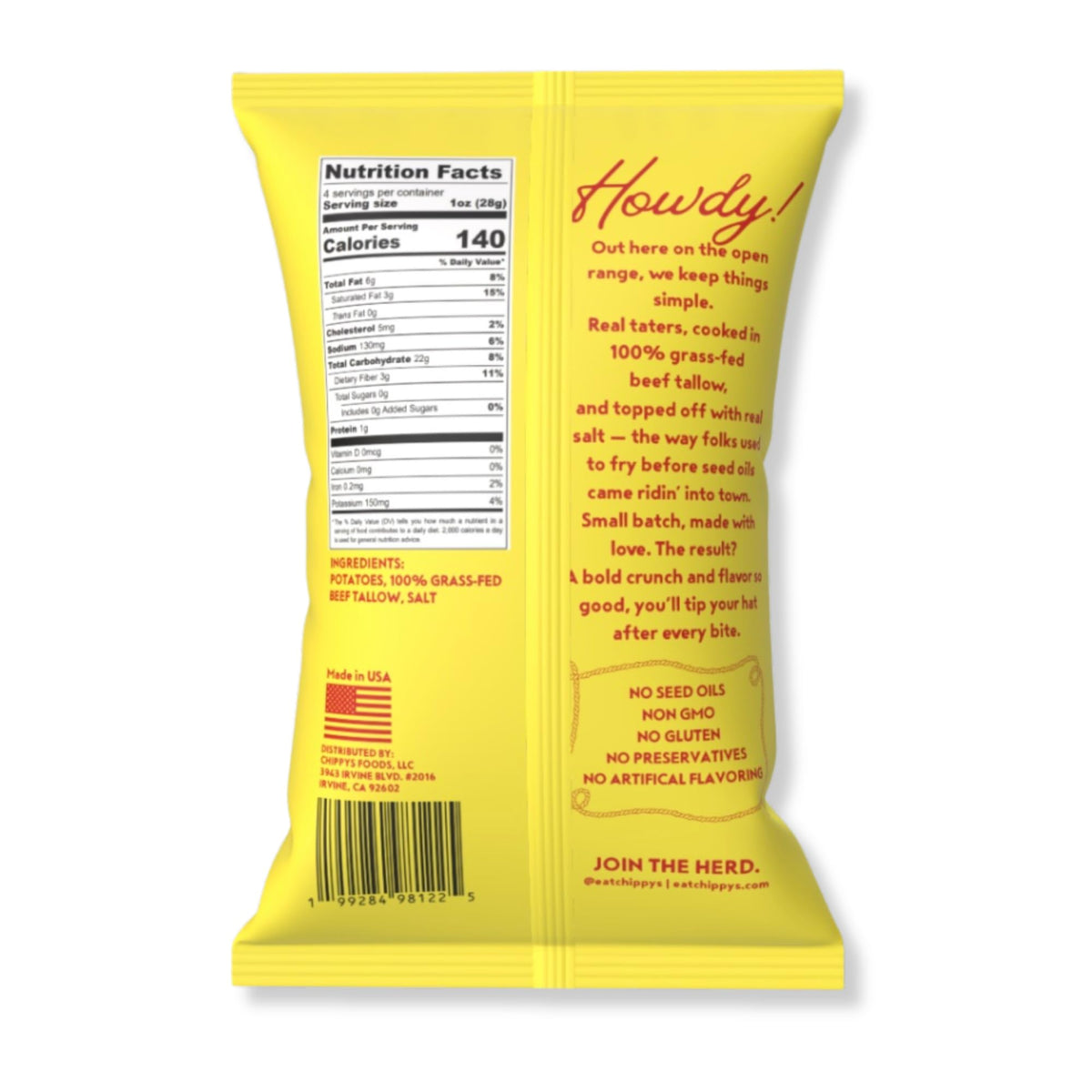 CHIPPYS Grass-Fed Beef Tallow Potato Chips – The Original Sea Salt, Kettle-Cooked, Paleo & Keto Friendly (3-pack, 4oz each)
