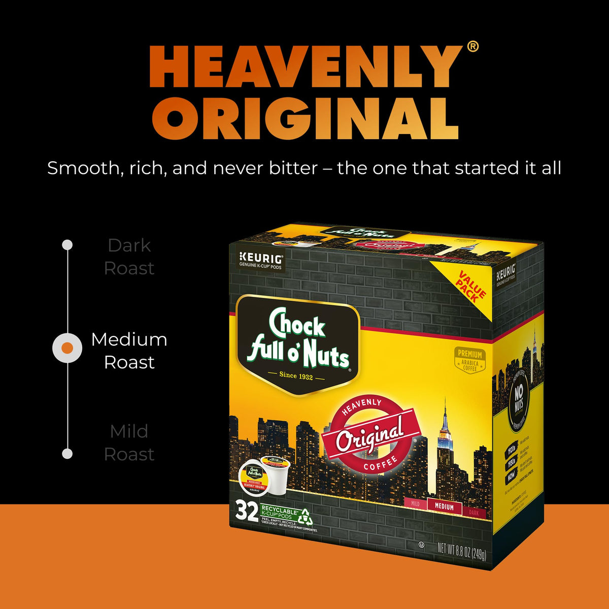 Chock Full o’Nuts Heavenly Original Keurig K-Cup Pods – Medium Roast Arabica, 32-Count