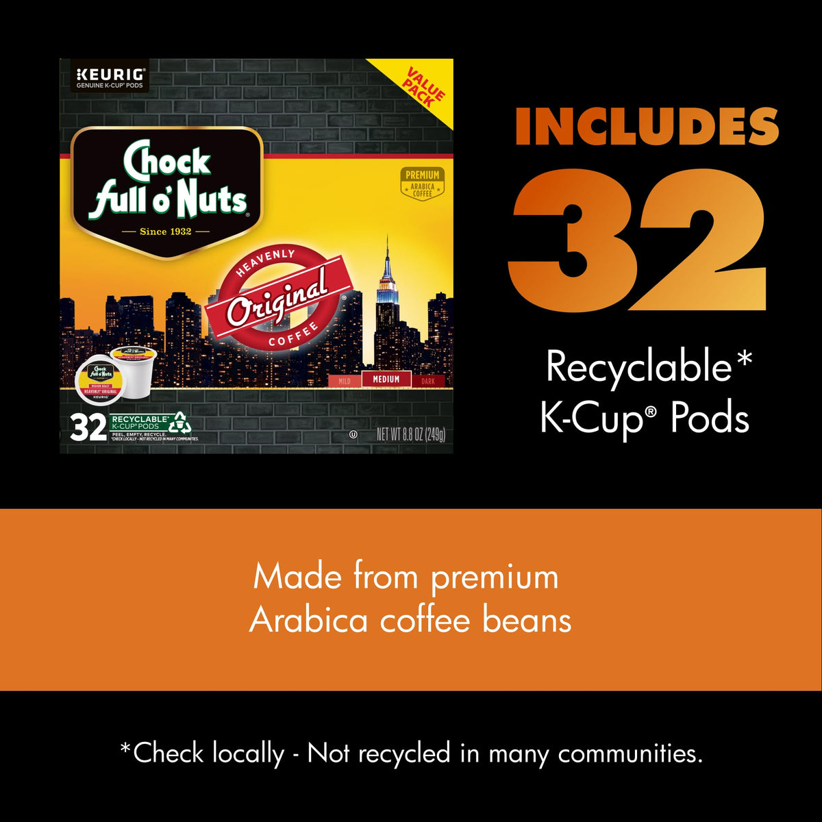 Chock Full o’Nuts Heavenly Original Keurig K-Cup Pods – Medium Roast Arabica, 32-Count