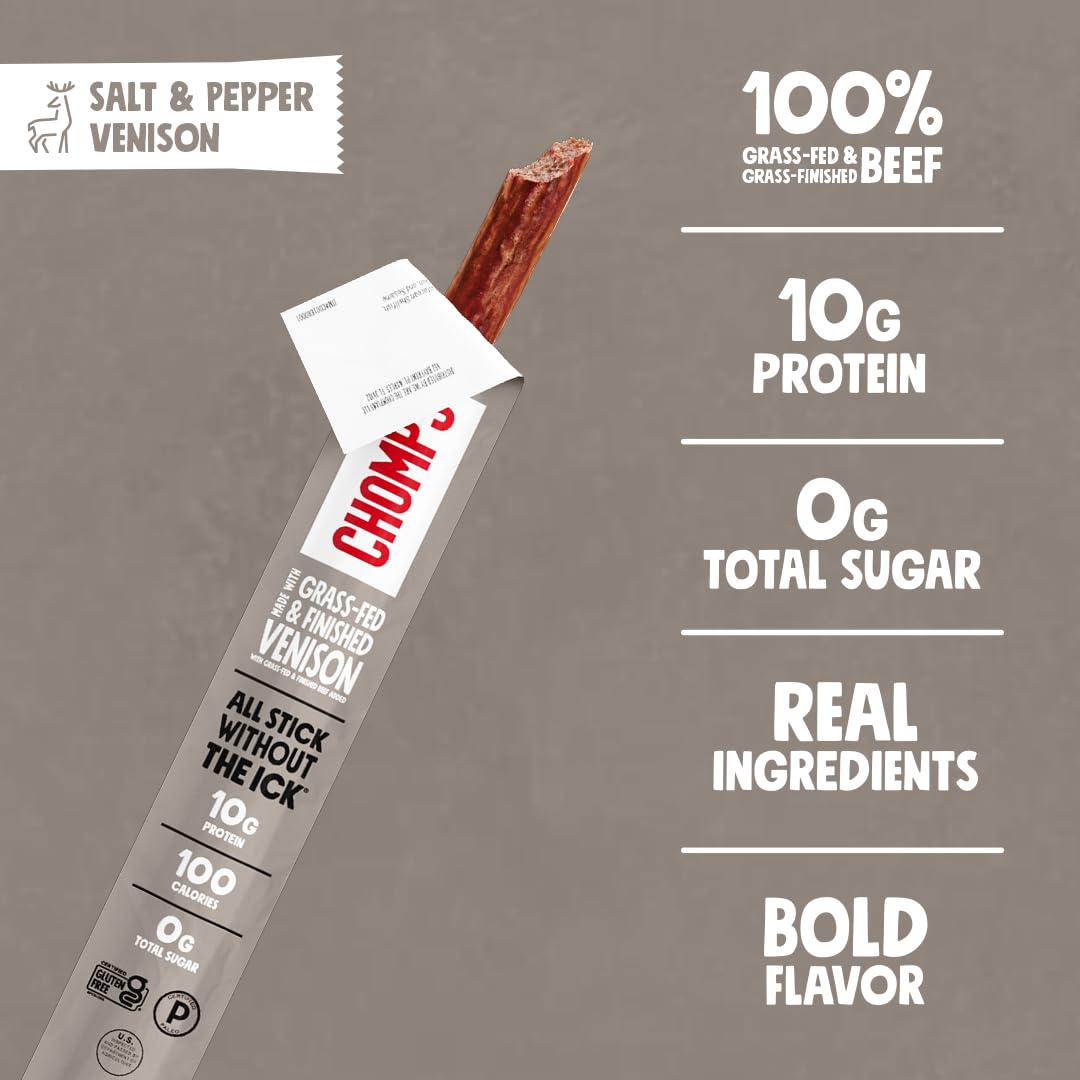 Chomps Salt & Pepper Venison Jerky Sticks – Grass-Fed, Zero Sugar, 10g Protein, 10-Pack