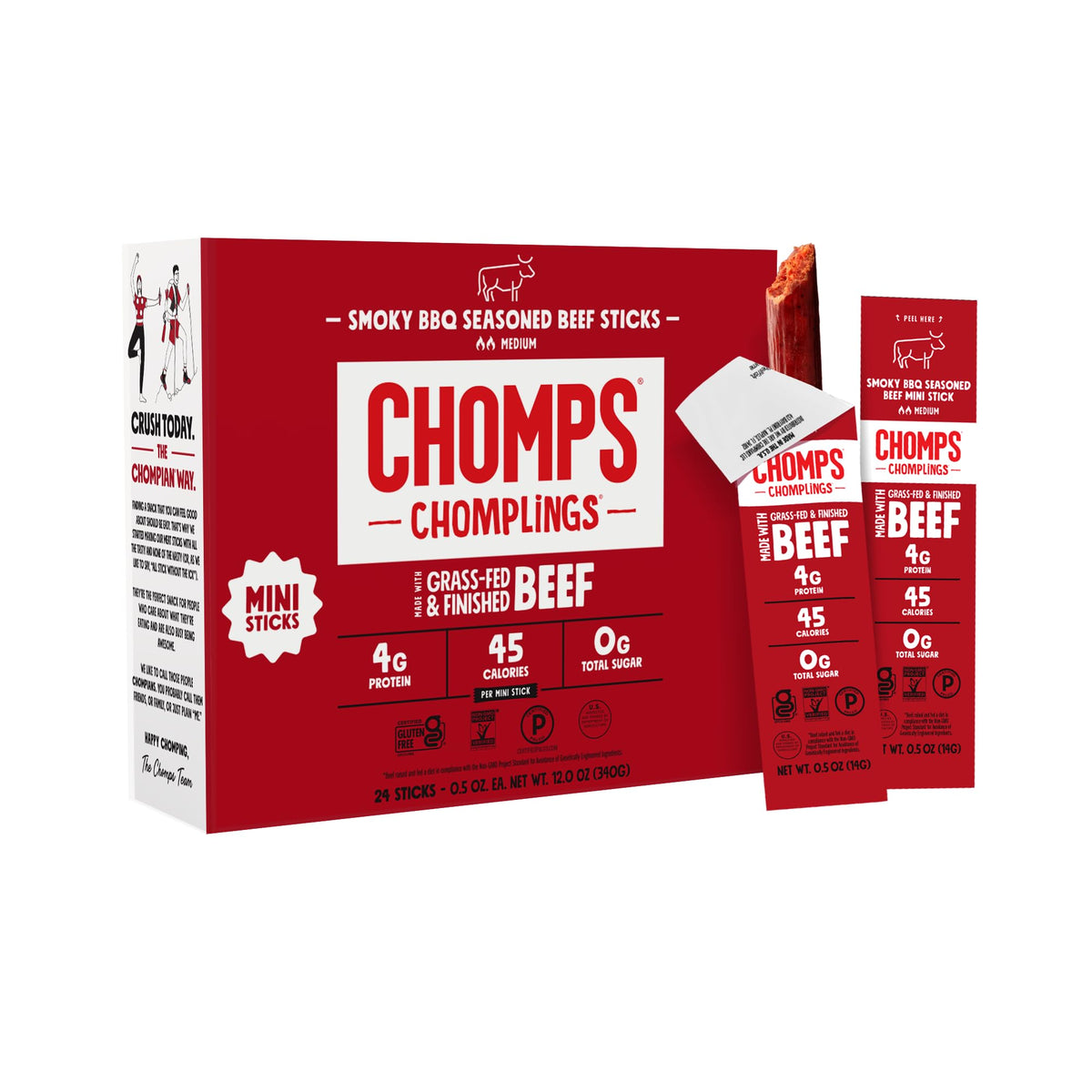 Chomps Snack Size Smoky BBQ Beef Jerky Sticks – 0.5oz, 24-Pack | Grass-Fed, Keto, Paleo, Whole30