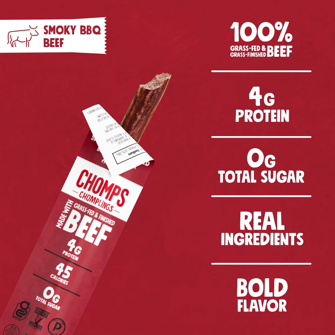 Chomps Snack Size Smoky BBQ Beef Jerky Sticks – 0.5oz, 24-Pack | Grass-Fed, Keto, Paleo, Whole30