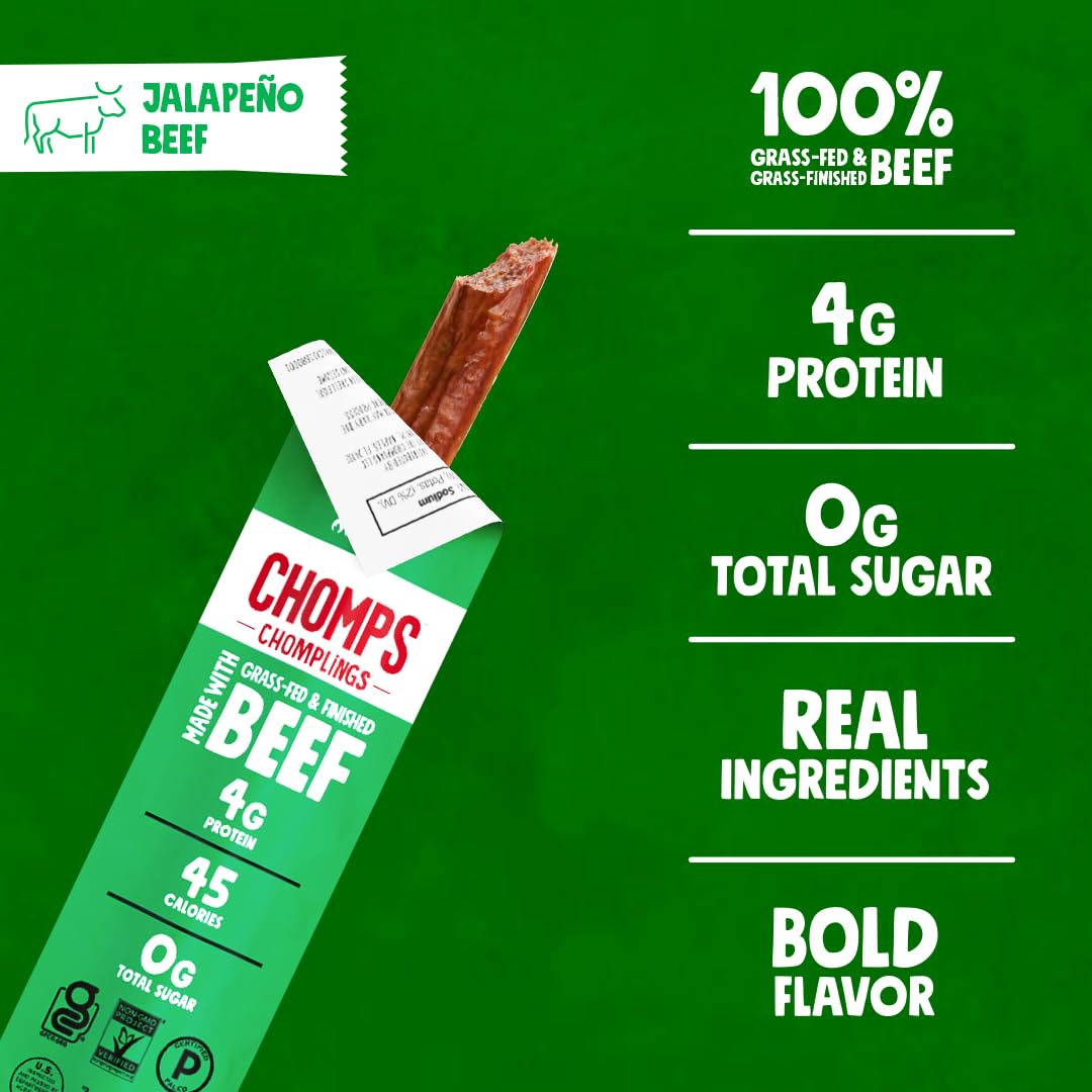 Chomps Snack Size Jalapeño Beef Jerky Sticks – 0.5oz, 24-Pack | Grass-Fed, Keto, Paleo, Whole30