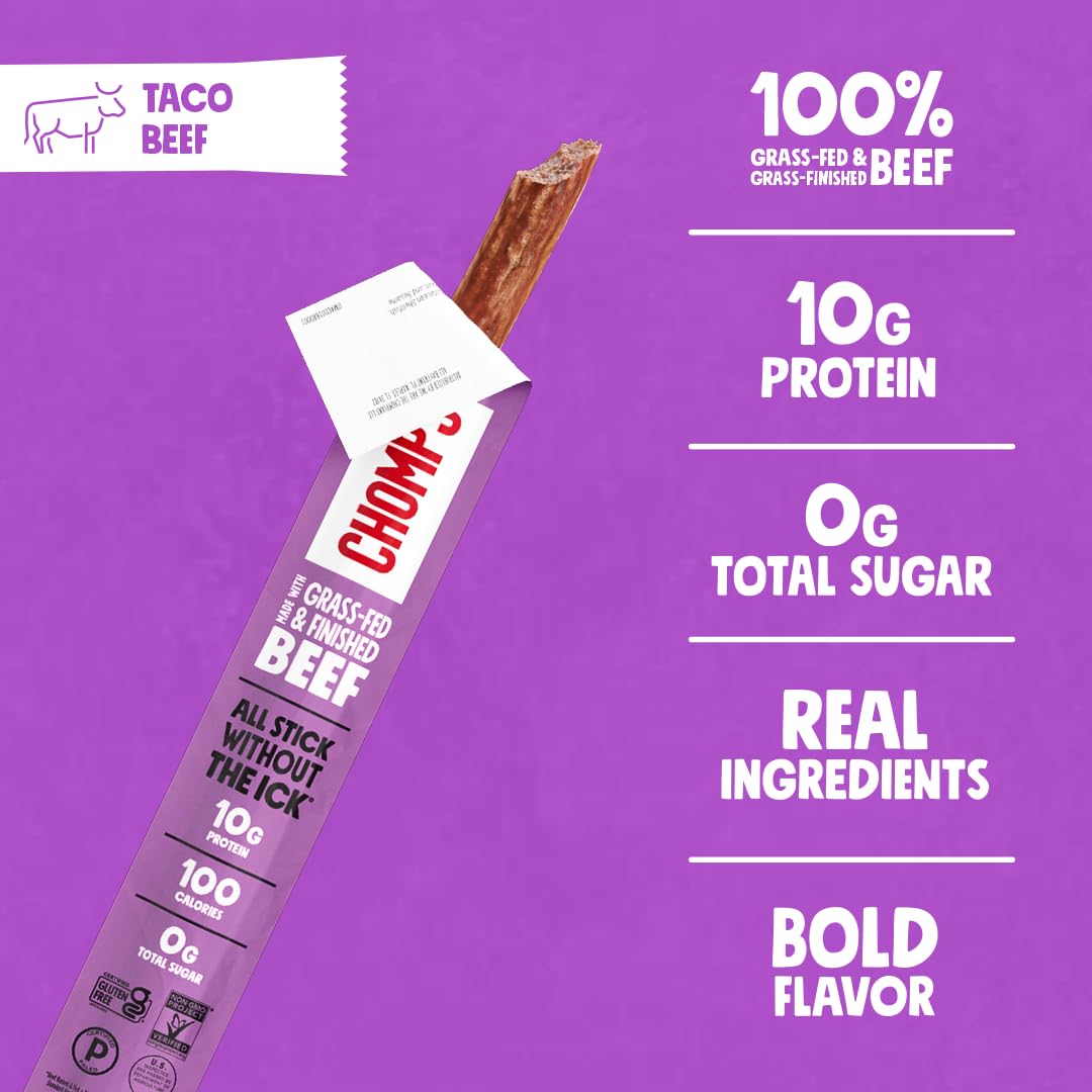 Chomps Taco Beef Jerky Sticks – Grass-Fed & Finished, 10-Pack | Keto, Paleo, Whole30, Gluten-Free, Non-GMO