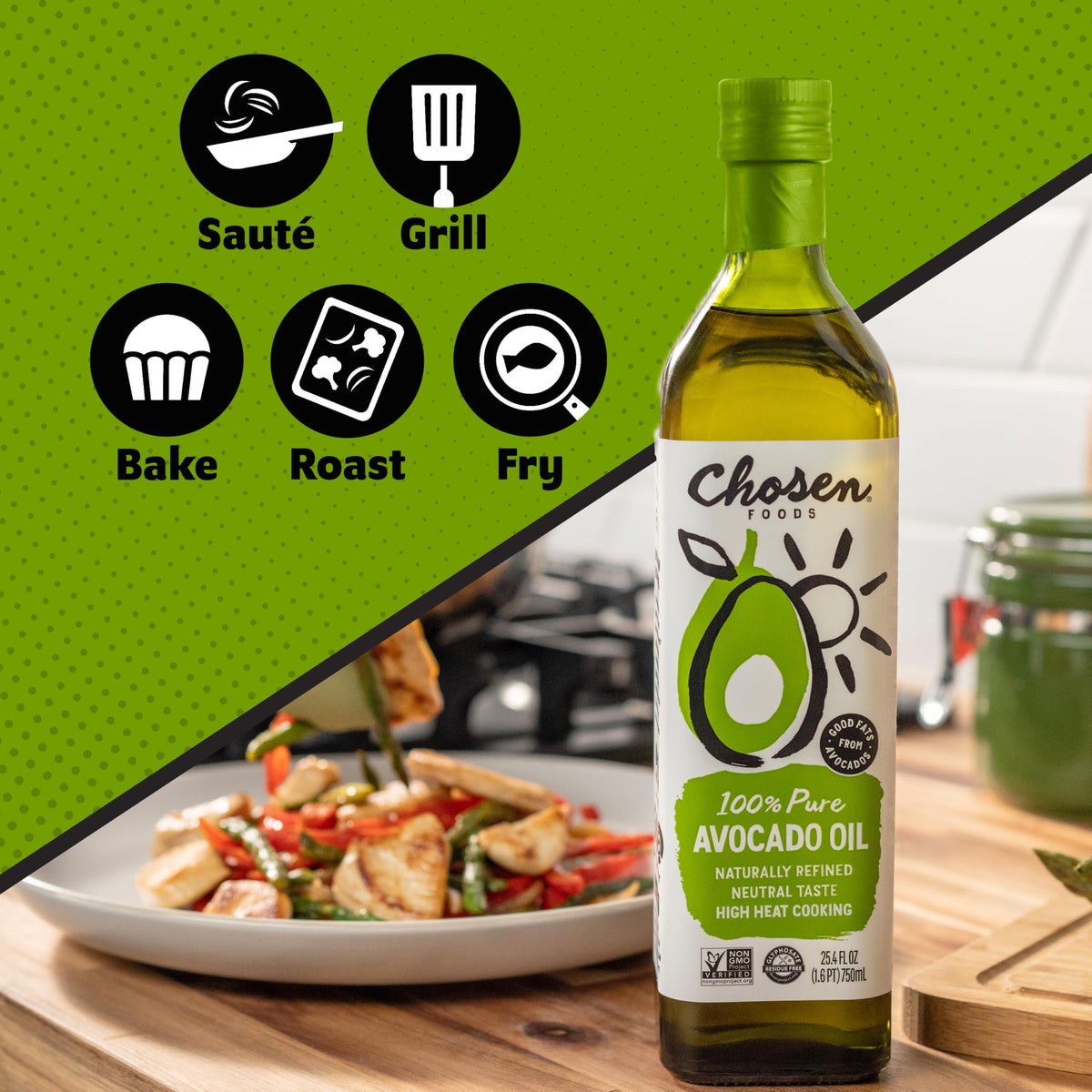 Chosen Foods Avocado Oil – 100% Pure, 1.75L, High Smoke Point (500°F)