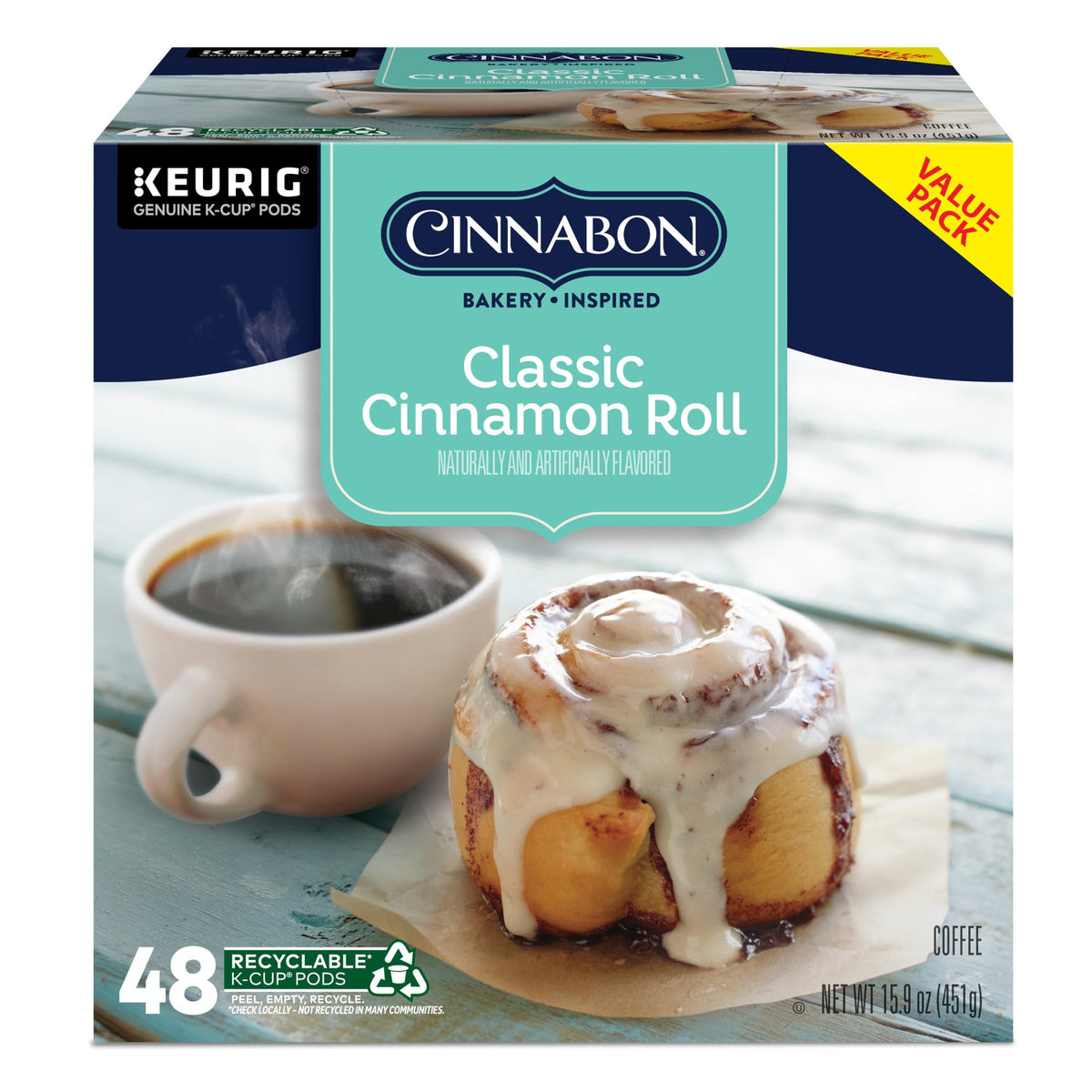 CINNABON Classic Cinnamon Roll K-Cups – Light Roast Coffee Pods (48 Count)
