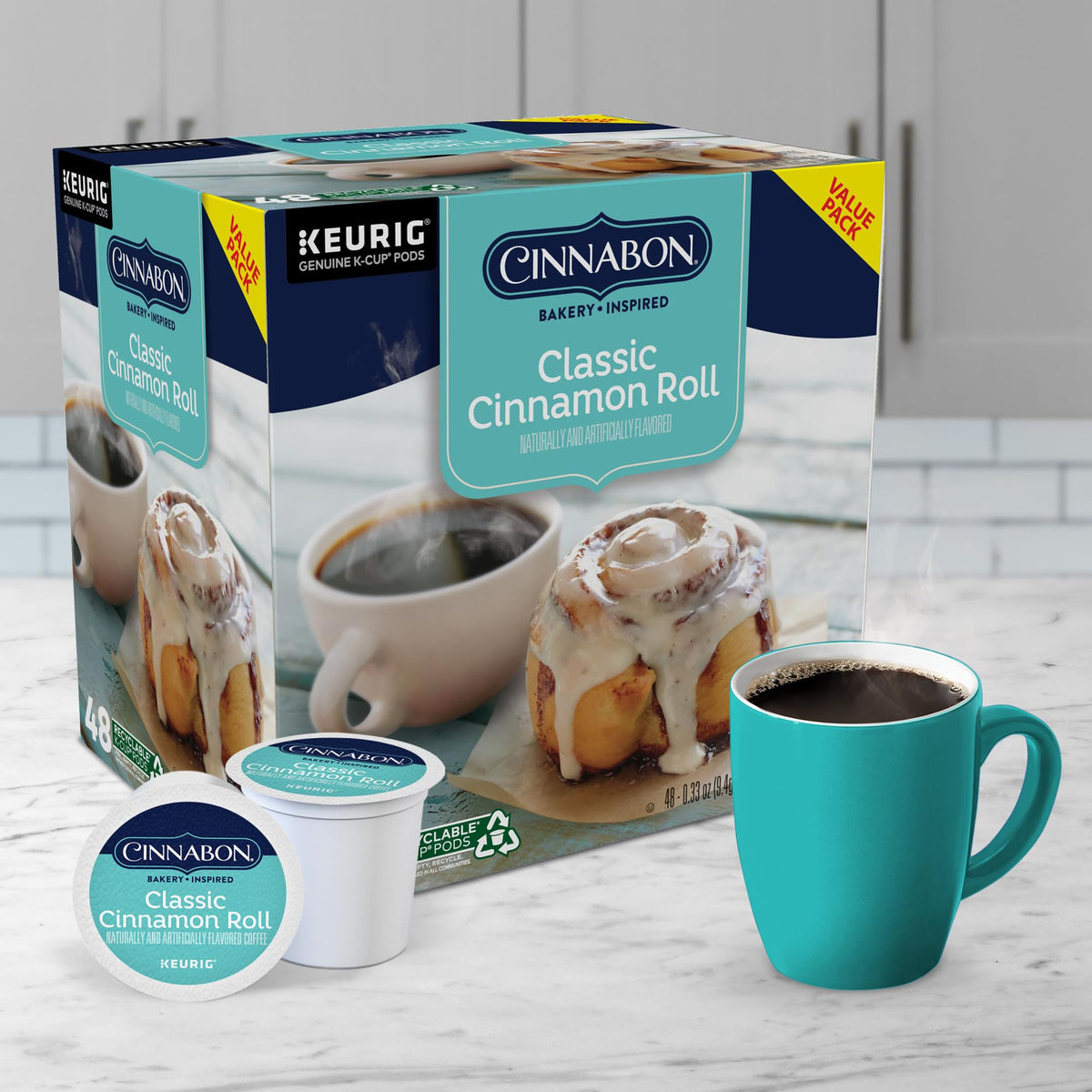 CINNABON Classic Cinnamon Roll K-Cups – Light Roast Coffee Pods (48 Count)