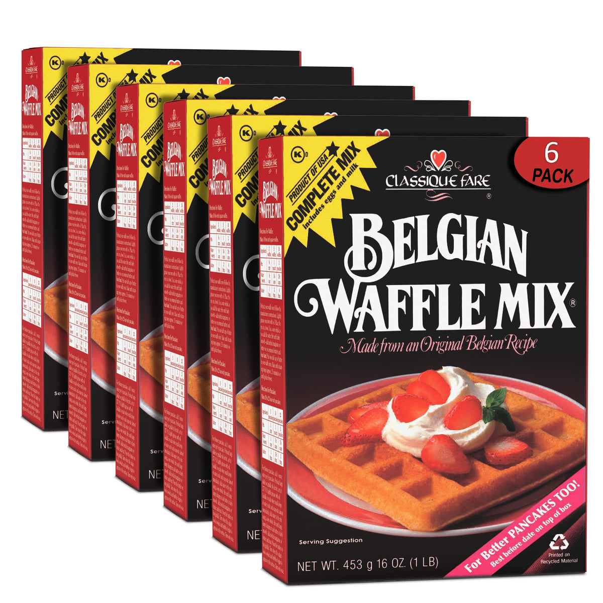 Classique Fare Belgian Waffle Mix – Light, Crisp Waffles, Pancakes, Muffins & Crepes | 6 x 16oz