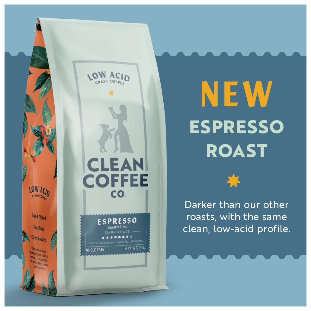 Clean Coffee Co. Low Acid Espresso Roast – Sumatra Blend, Mold & Toxin Tested, Dark Chocolate & Caramel Notes, 12 oz Whole Bean