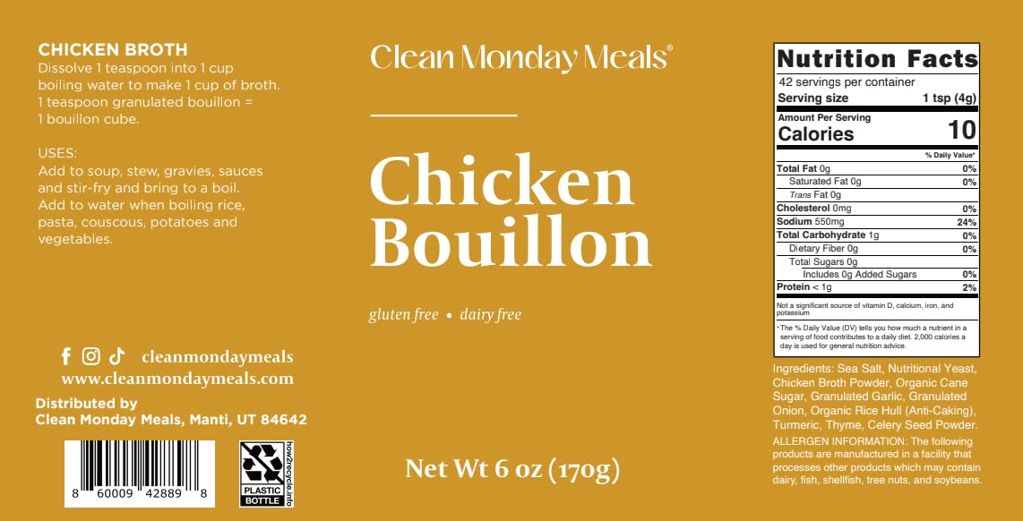 Clean Monday Meals Chicken Bouillon Powder – Gluten Free & Dairy Free, 2-Pack (100 Servings)