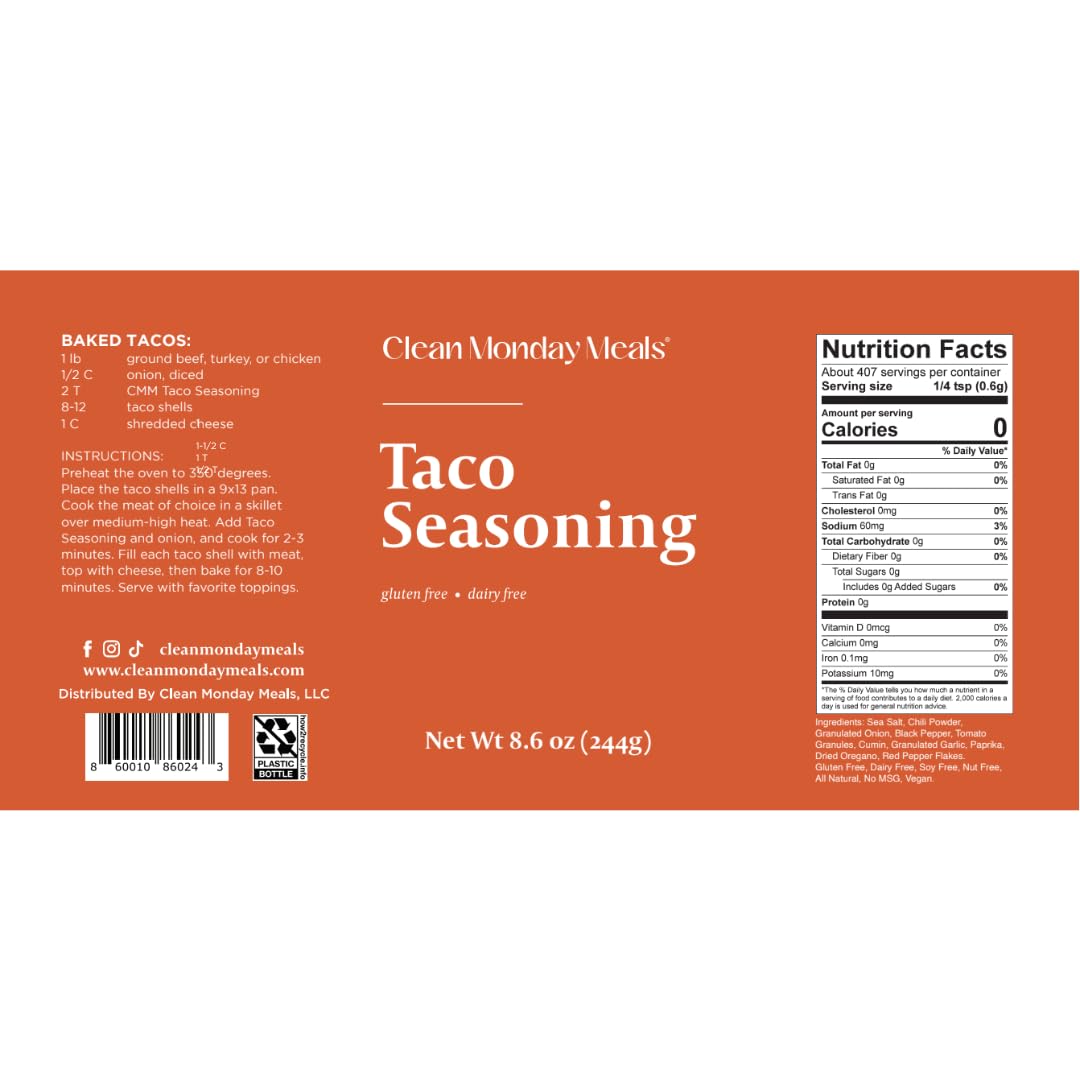 Clean Monday Meals Taco Seasoning Mix | Gluten Free, Dairy Free, Non-GMO | Mediterranean Herbs & Garlic