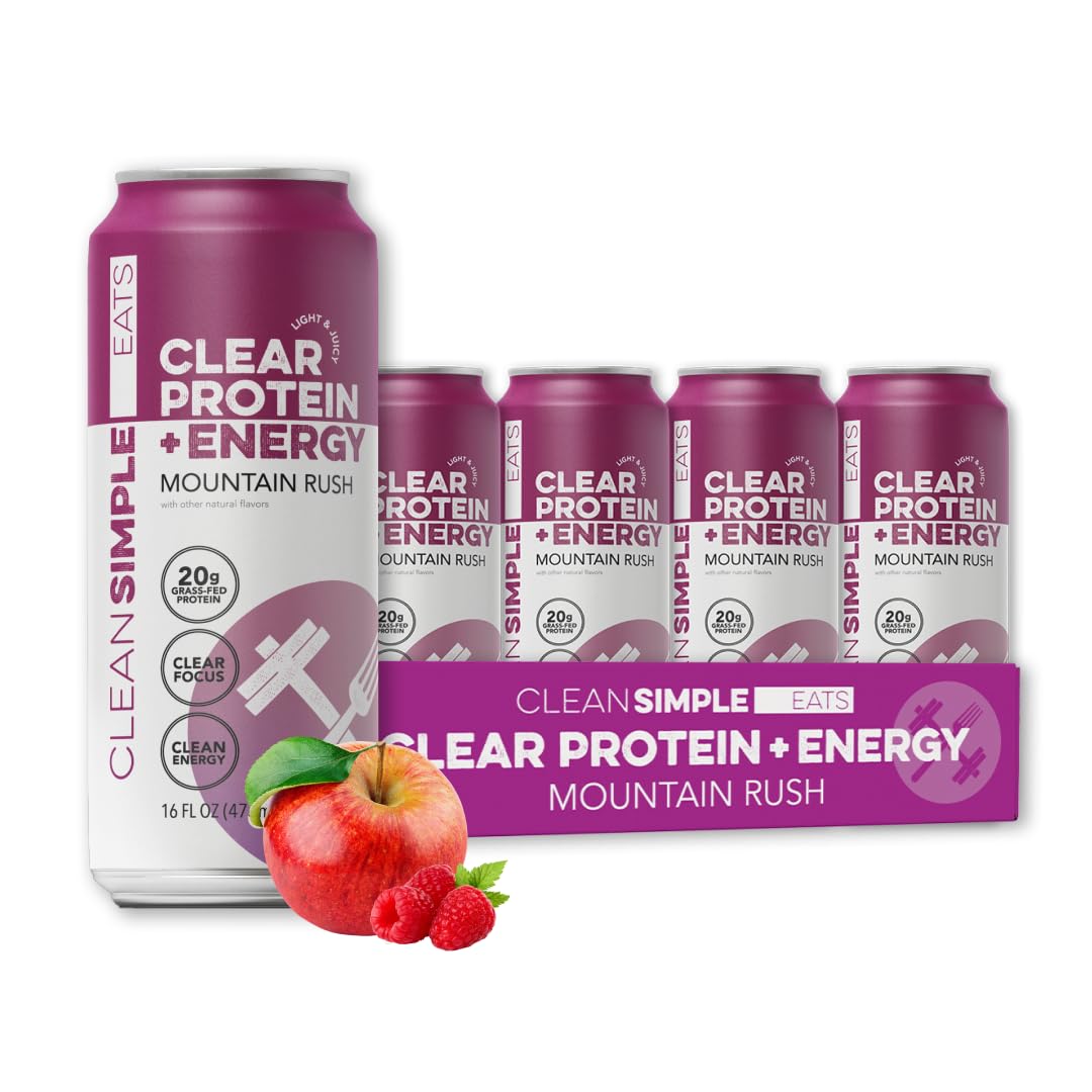 Clean Simple Eats Clear Protein + Energy Drink Mountain Rush – 20g Grass-Fed Whey, 100mg Caffeine, 16oz Can (12 Pack)