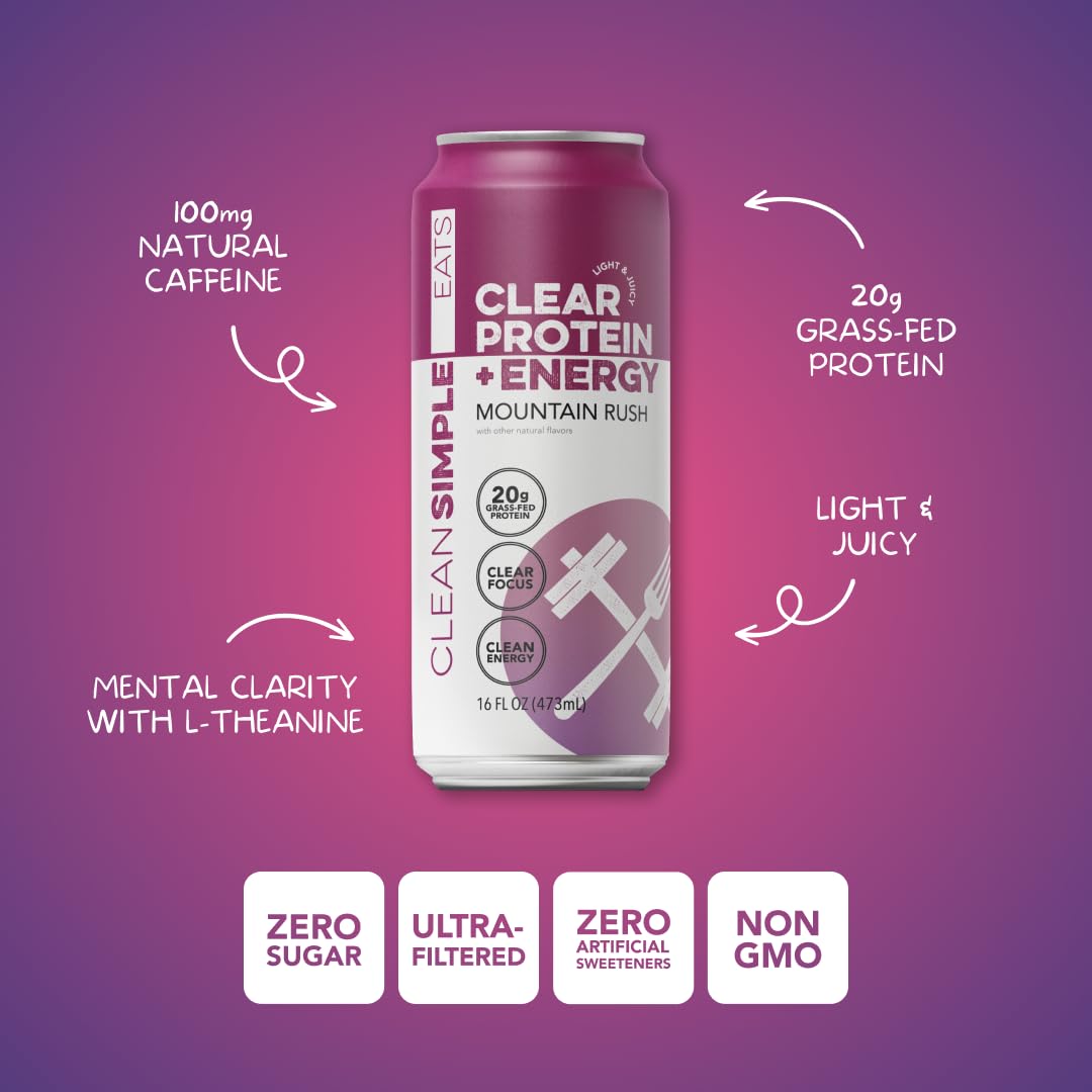 Clean Simple Eats Clear Protein + Energy Drink Mountain Rush – 20g Grass-Fed Whey, 100mg Caffeine, 16oz Can (12 Pack)