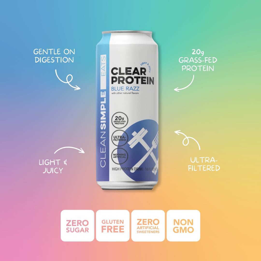 Clean Simple Eats Clear Protein Water – 20g Grass-Fed Whey, 4-Flavor Variety Pack, 16 oz Cans