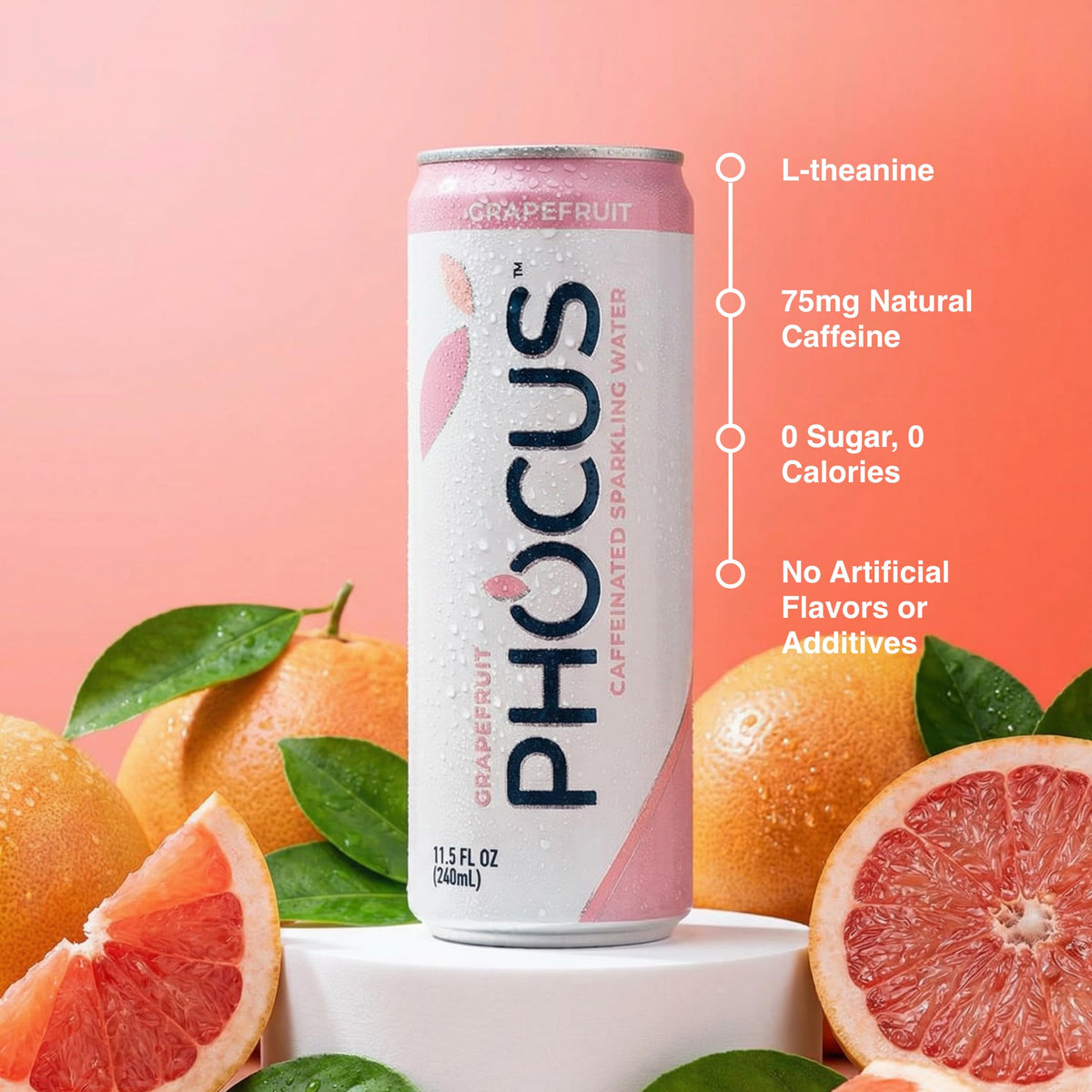 CLEAR CUT PHOCUS Grapefruit Sparkling Water: 75mg Caffeine, Zero Sugar, 12-Pack