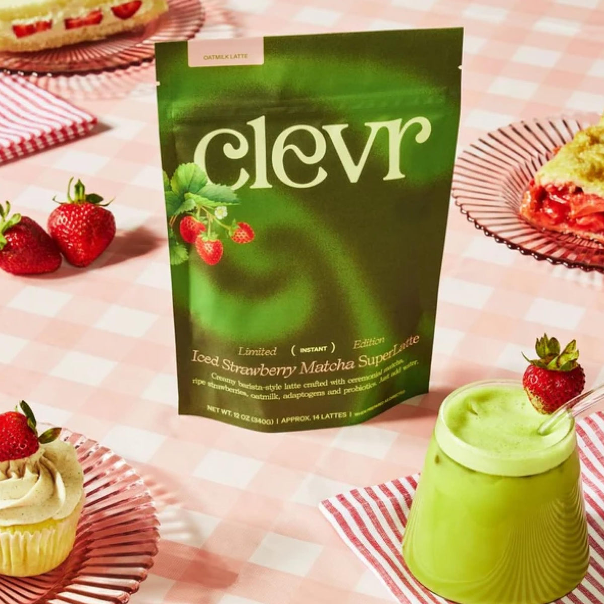 Clevr Strawberry Matcha SuperLatte – Organic Ceremonial Matcha Latte with L-Theanine, Skin & Energy Benefits, 14 Servings