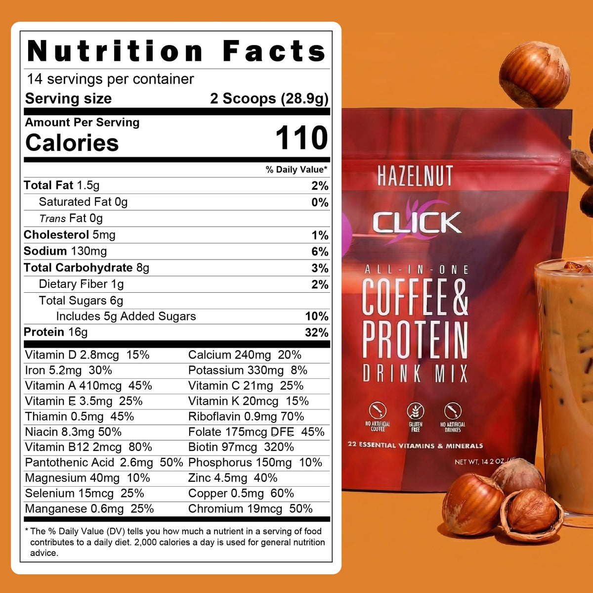 Click Coffee Protein Powder – Double Shot Espresso, 16g Protein, 23 Vitamins, Gluten Free, Hazelnut