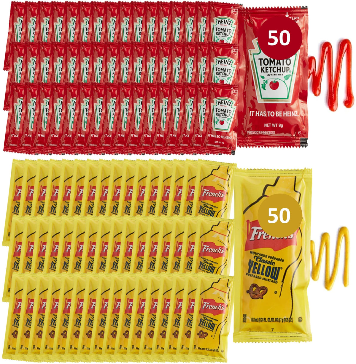 Gift Set: 100 Single-Serve Condiment Packets (50 Ketchup, 50 Mustard) by CMC Products