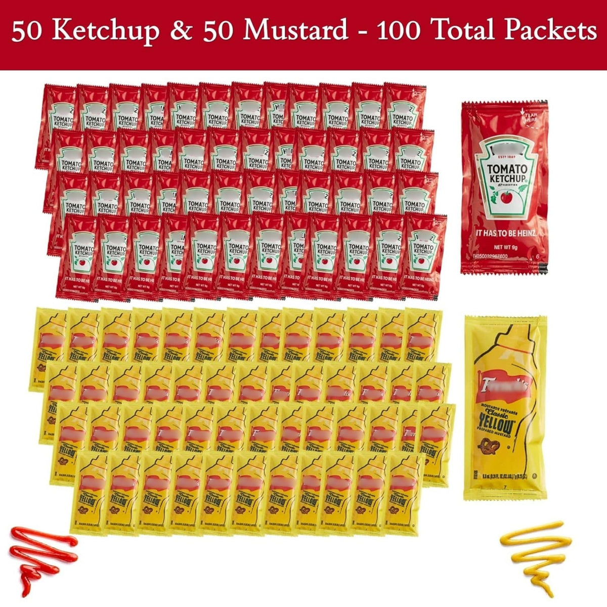 Gift Set: 100 Single-Serve Condiment Packets (50 Ketchup, 50 Mustard) by CMC Products