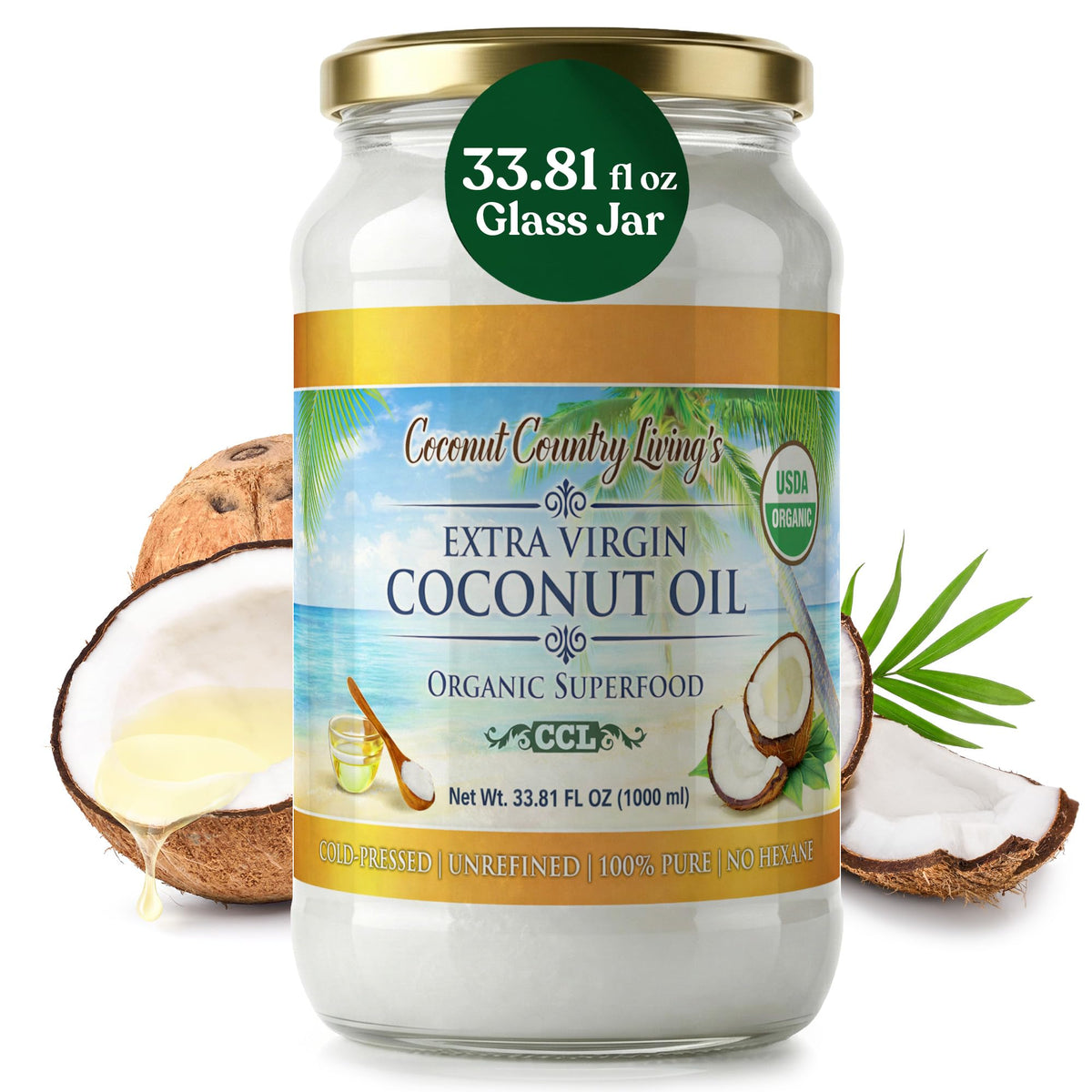 Coconut Country Living Extra Virgin Coconut Oil, Glass Jar – Cold Pressed & Unrefined, 33.81 oz