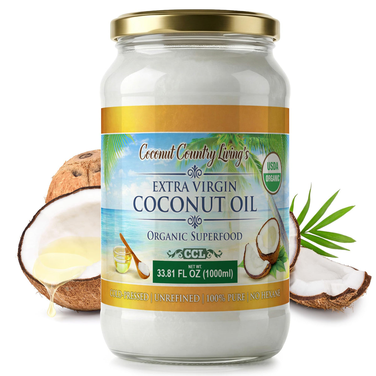 Coconut Country Living Extra Virgin Coconut Oil, Glass Jar – Cold Pressed & Unrefined, 33.81 oz