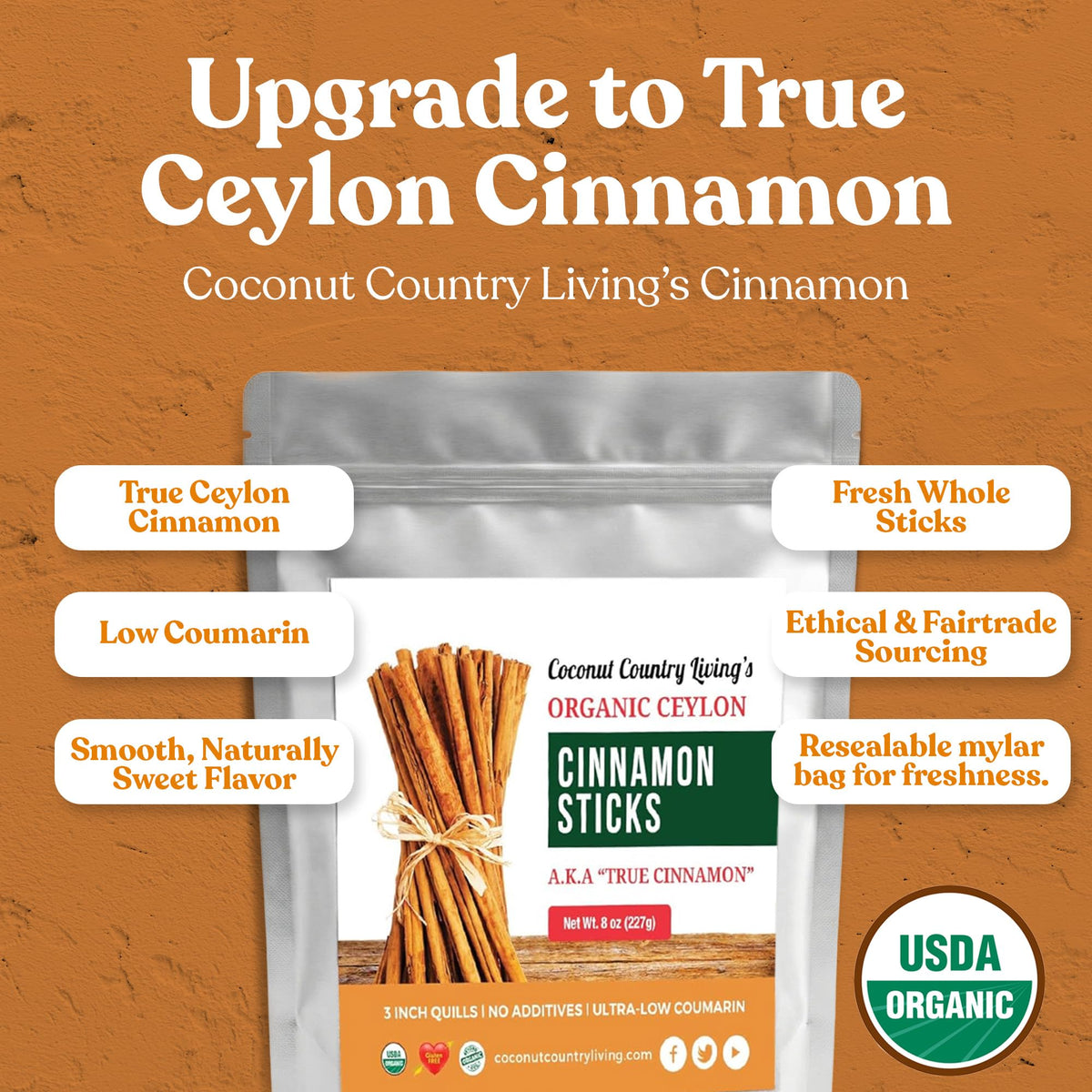 Organic Ceylon Cinnamon Sticks, 8 oz – Fair Trade, Gluten Free, 3-inch Quills from Sri Lanka