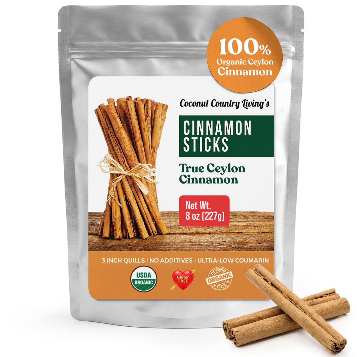 Organic Ceylon Cinnamon Sticks, 8 oz – Fair Trade, Gluten Free, 3-inch Quills from Sri Lanka
