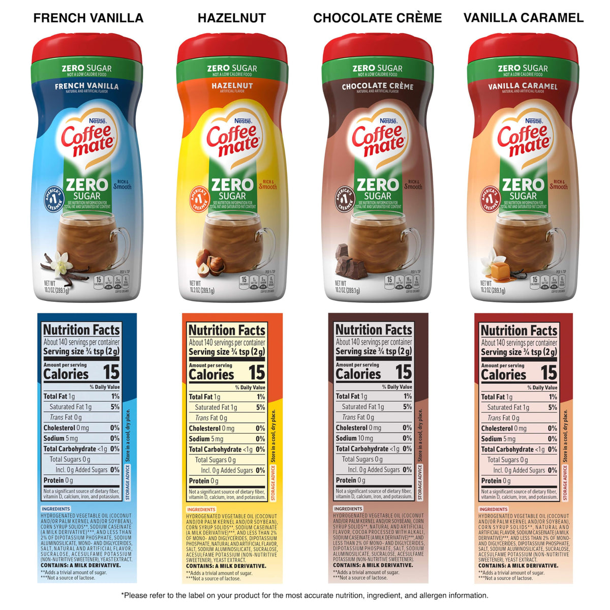 Coffee mate Zero Sugar Flavored Creamer 4 Pack – Vanilla Caramel, Hazelnut, French Vanilla, Chocolate Creme (10.2 oz bottles)