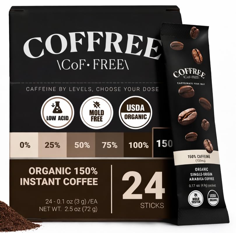 COFFREE Organic Instant Coffee Packets – Extra Strong Dark Roast, 150% Caffeine, Single-Origin Arabica (24 Count)