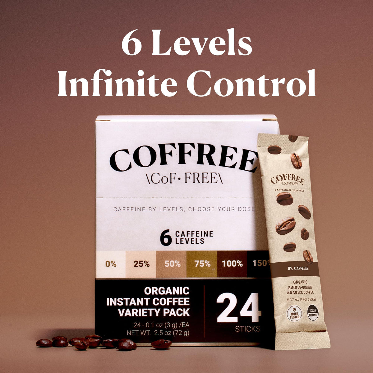 COFFREE Organic Instant Coffee Packets — Arabica, Low Acid, Mold-Free, 24 Count