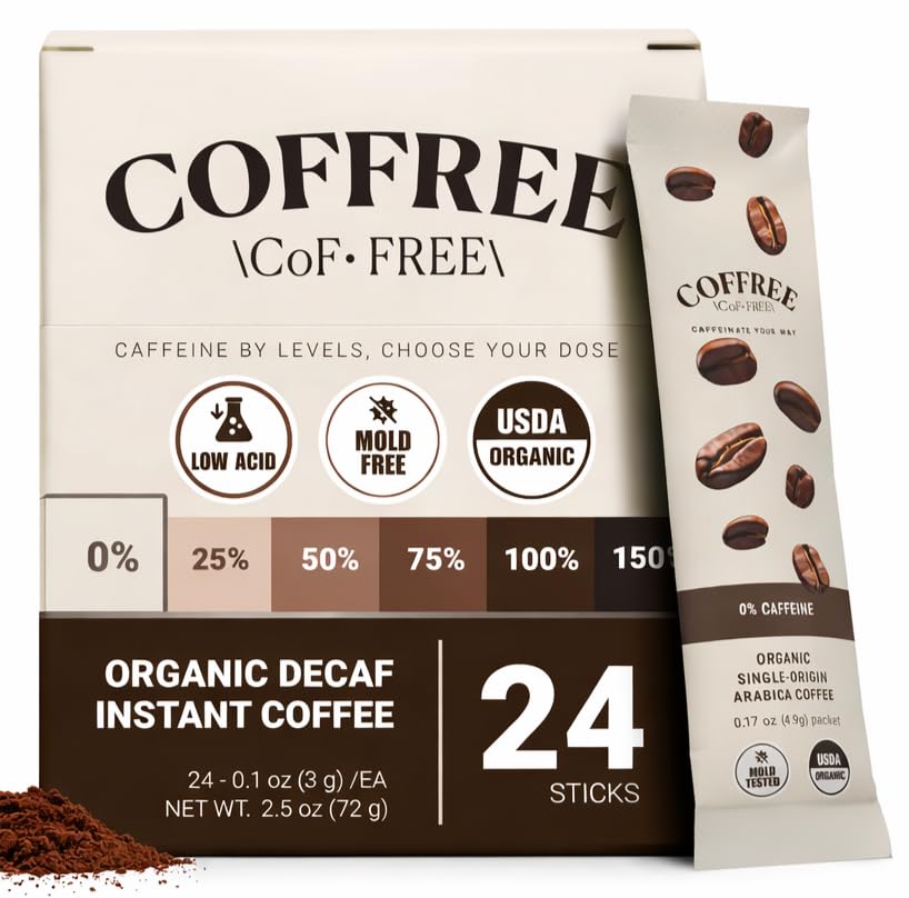 COFFREE Organic Decaf Instant Coffee Packets – Low-Acid, Single-Origin Arabica, Travel-Ready (24 Count)