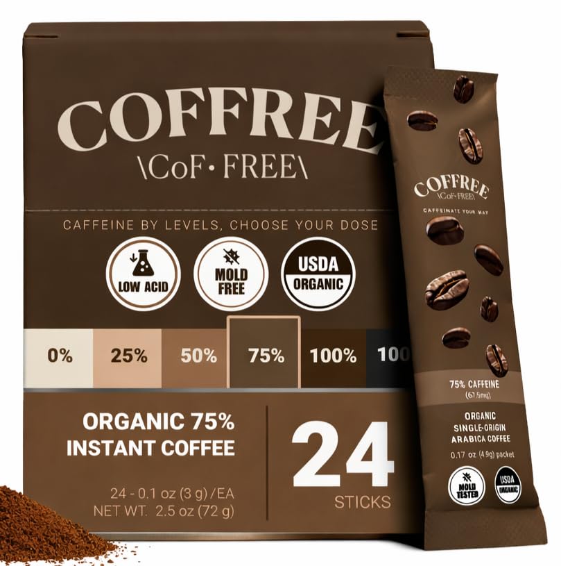COFFREE Organic Instant Coffee Packets - Mold Free, Low Acid Arabica, 75% Caffeine, 24 Count
