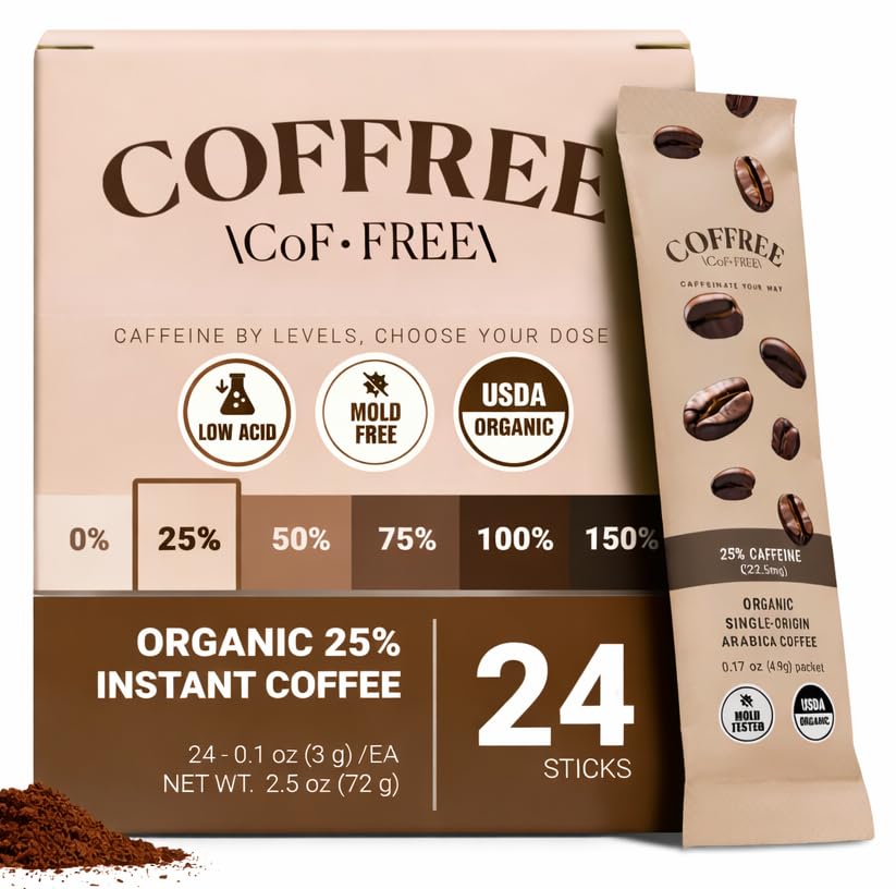 COFFREE Organic Instant Coffee Packets — Low Acid Arabica, Light Roast, 25% Caffeine, 24 Count