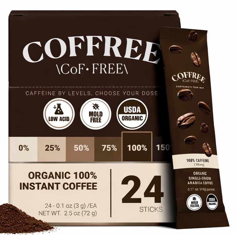 COFFREE Organic Instant Coffee Packets — Arabica, Low Acid, Mold-Free, 24 Count