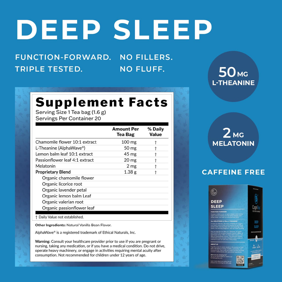CogniTea Deep Sleep Tea – 2mg Melatonin, 50mg L-Theanine, Valerian & Chamomile
