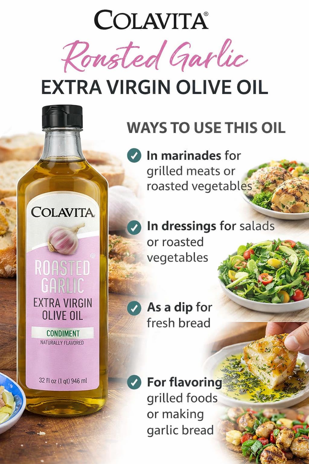 Colavita Roasted Garlic Extra Virgin Olive Oil | 32 Fl Oz EVOO Infused with Roasted Garlic