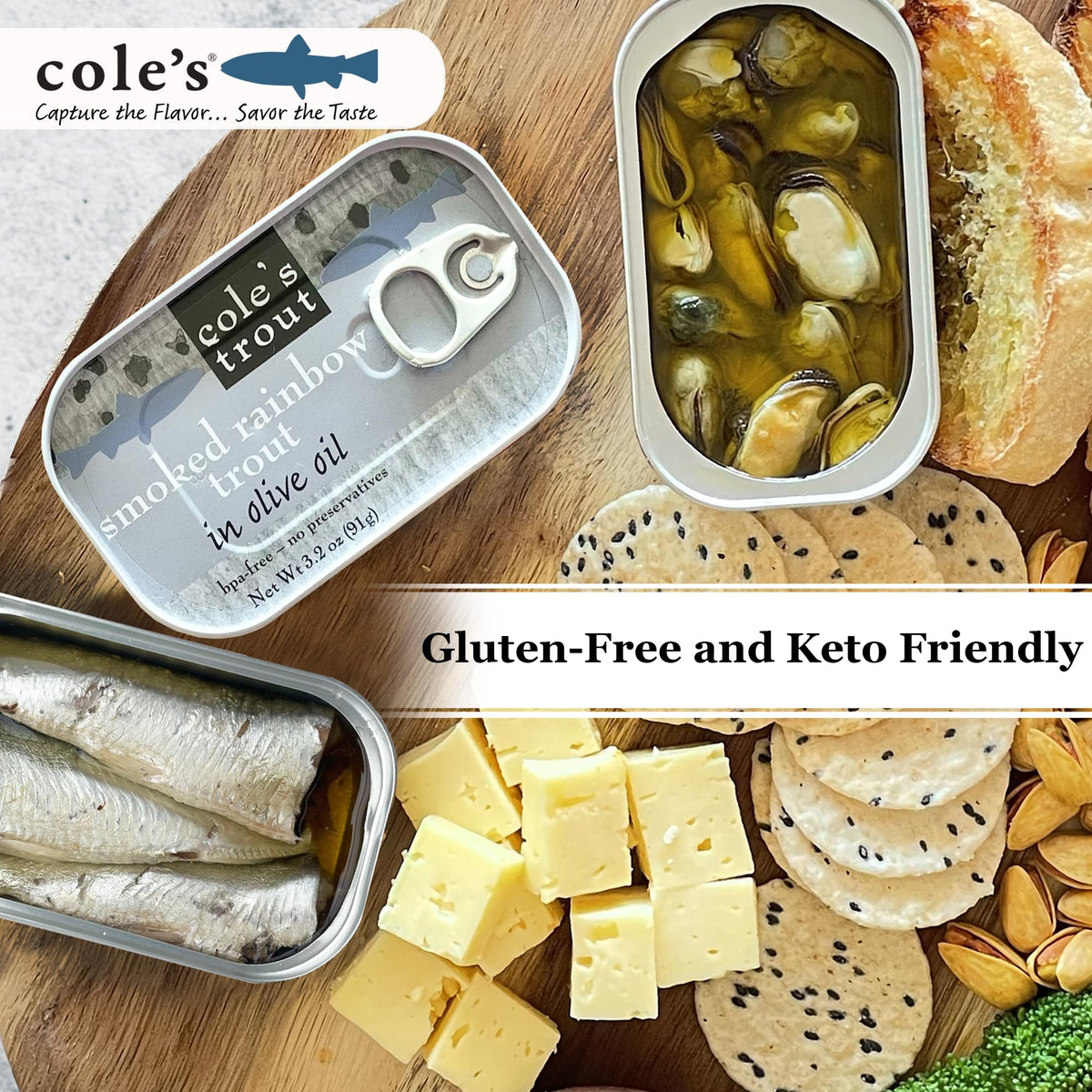 Cole's Patagonian Smoked Mussels with Lemon & Garlic in EVOO | 4oz Hand-Packed Cans (Pack of 5)