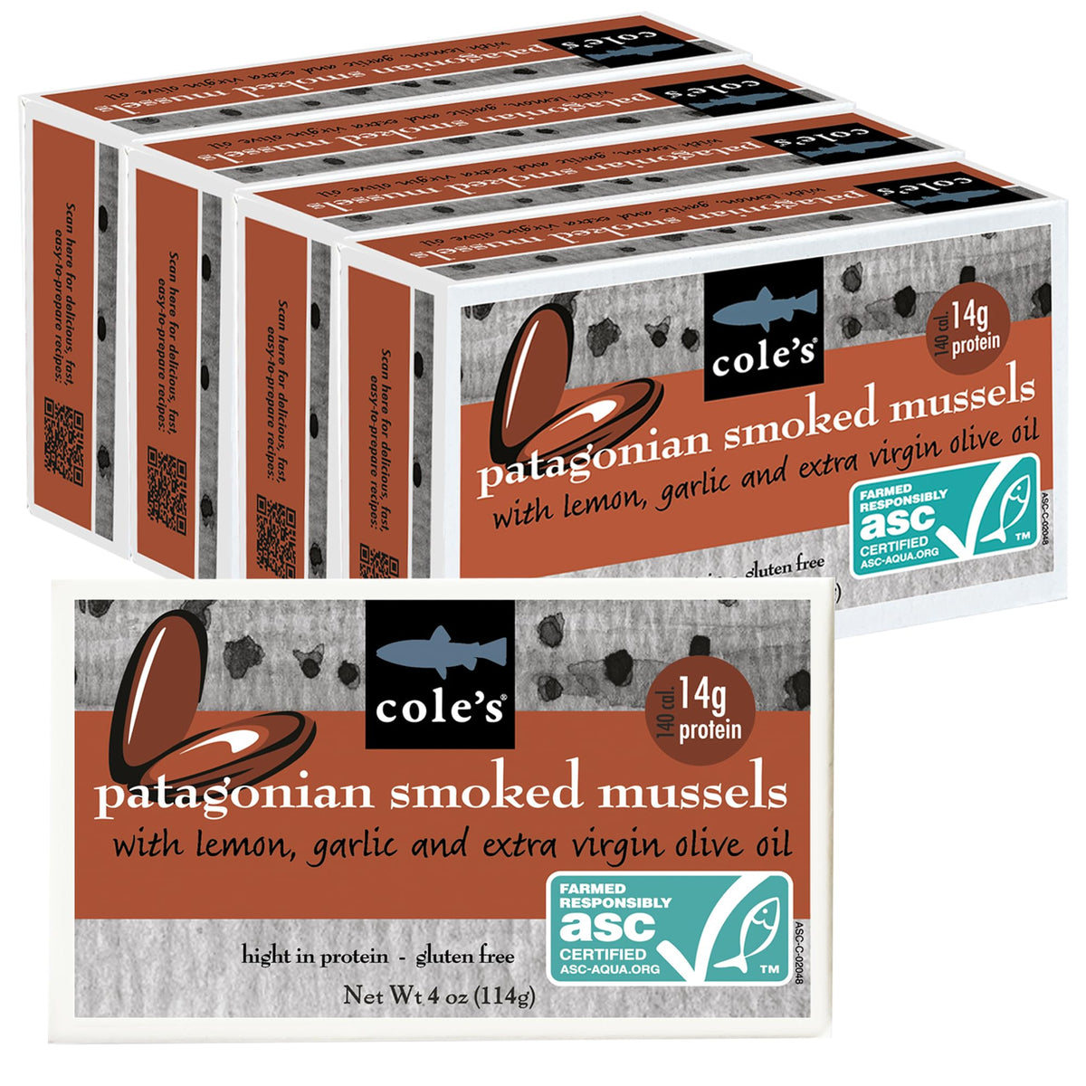 Cole's Patagonian Smoked Mussels with Lemon & Garlic in EVOO | 4oz Hand-Packed Cans (Pack of 5)