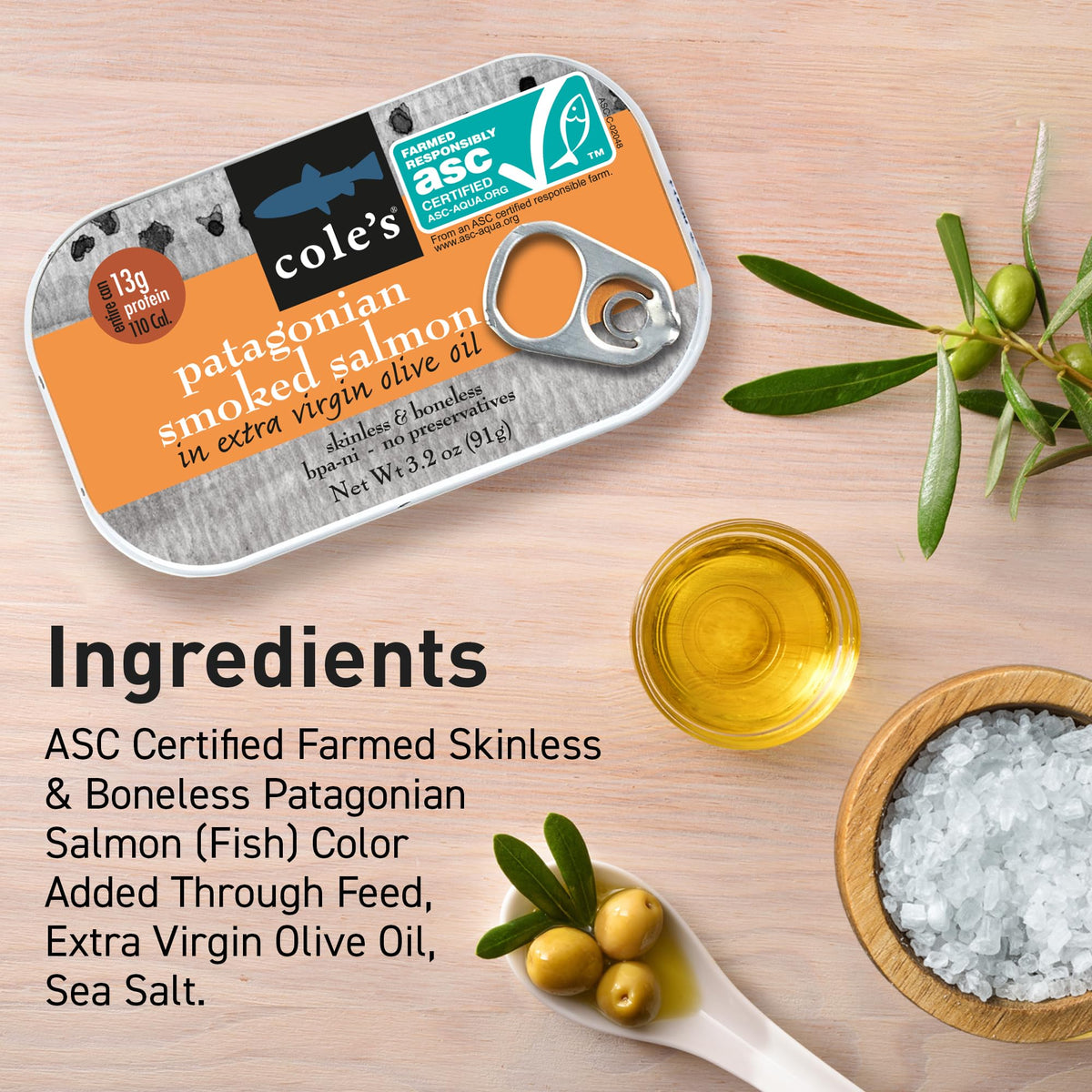 Cole's Seafood: Hand Packed Smoked Salmon in Olive Oil — Preservative Free, High Protein, 3.2 oz Can (Pack of 5)