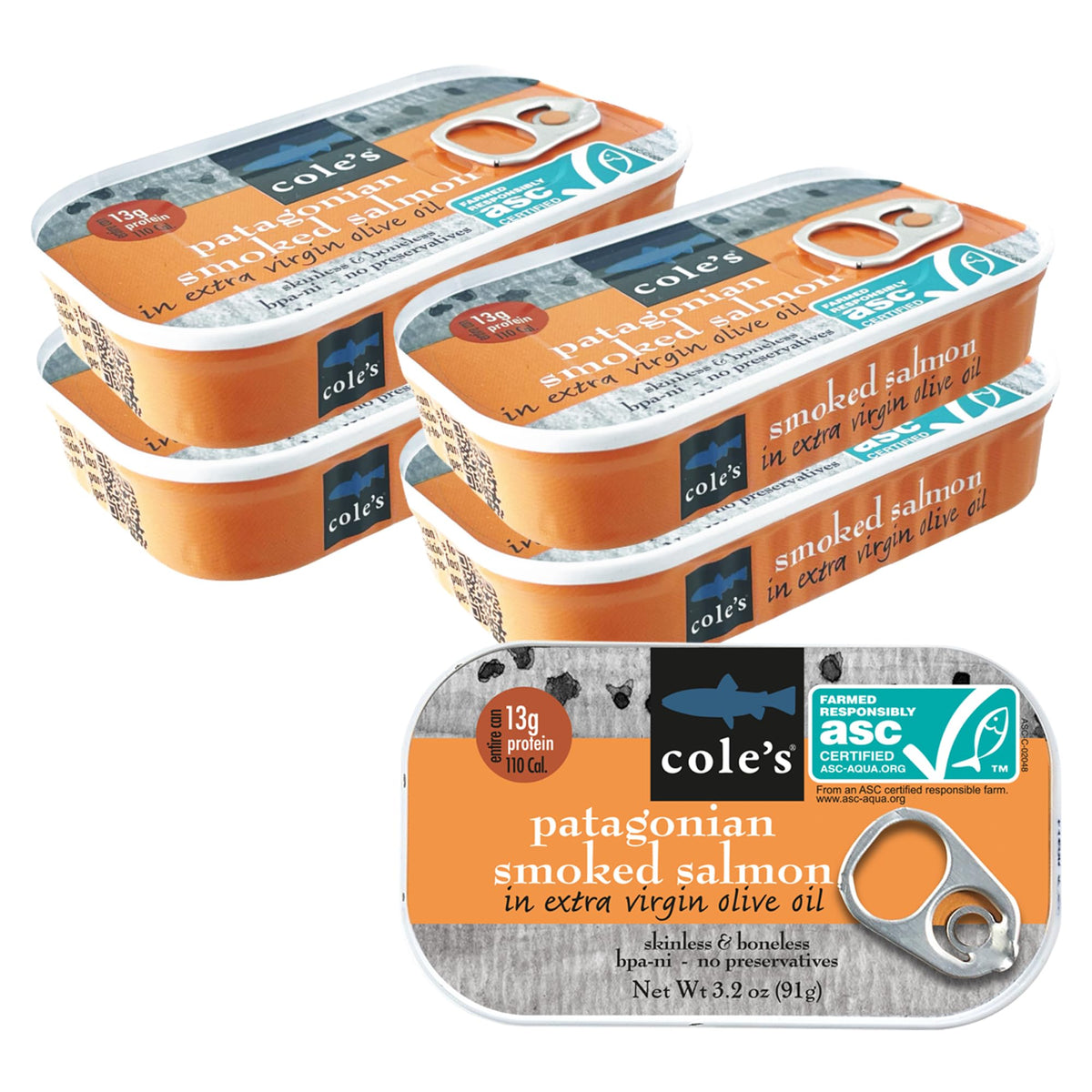 Cole's Seafood: Hand Packed Smoked Salmon in Olive Oil — Preservative Free, High Protein, 3.2 oz Can (Pack of 5)