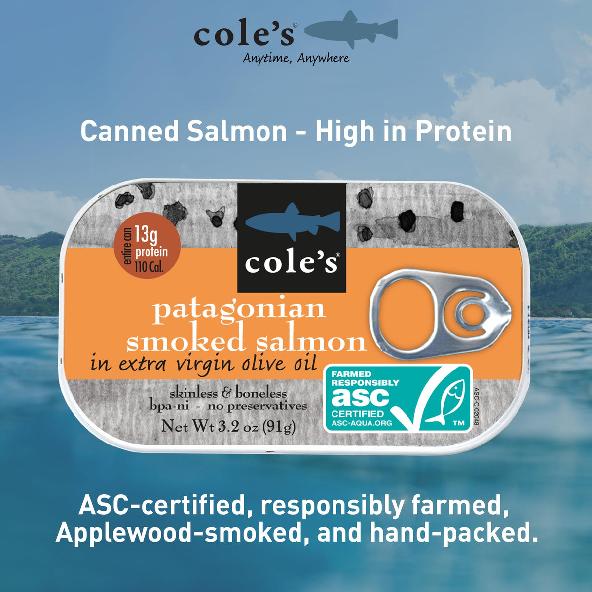 Cole's Seafood – Hand Packed Smoked Salmon in Extra Virgin Olive Oil, Preservative Free, 3.2 oz Can (Pack of 10)