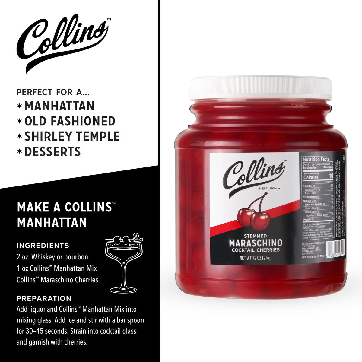 Collins Chicago 72 oz Stemmed Maraschino Cherries – Bulk Cocktail Garnish