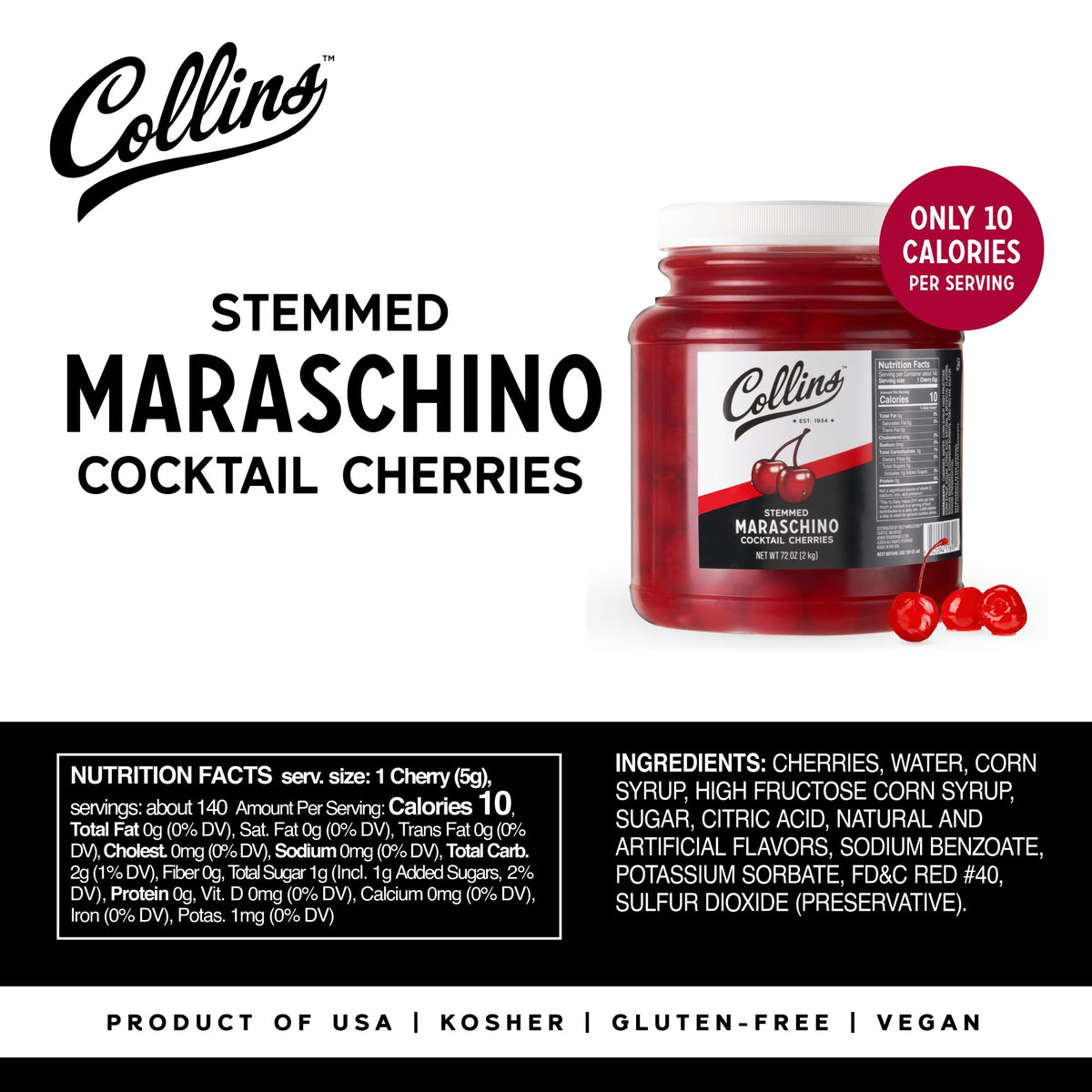 Collins Chicago 72 oz Stemmed Maraschino Cherries – Bulk Cocktail Garnish