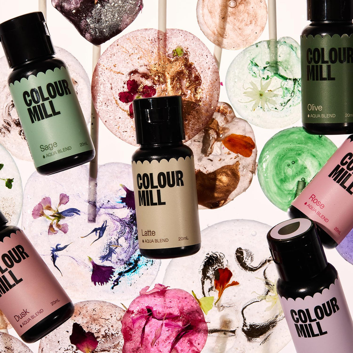 Colour Mill Botanical Pack Aqua Blend: Water-Based Food Coloring Set (Dusk, Latte, Lilac, Olive, Rose & Sage) – 6 x 20ml