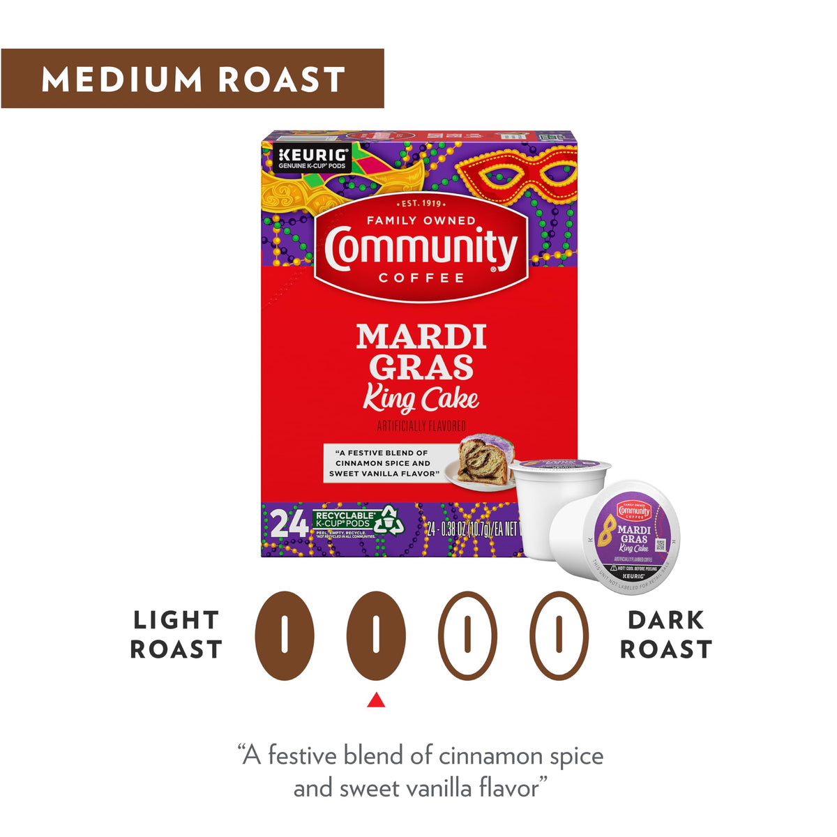 Community Coffee Mardi Gras King Cake Flavored Coffee Pods – 72 Count, Medium Roast, Keurig Compatible (Pack of 6)