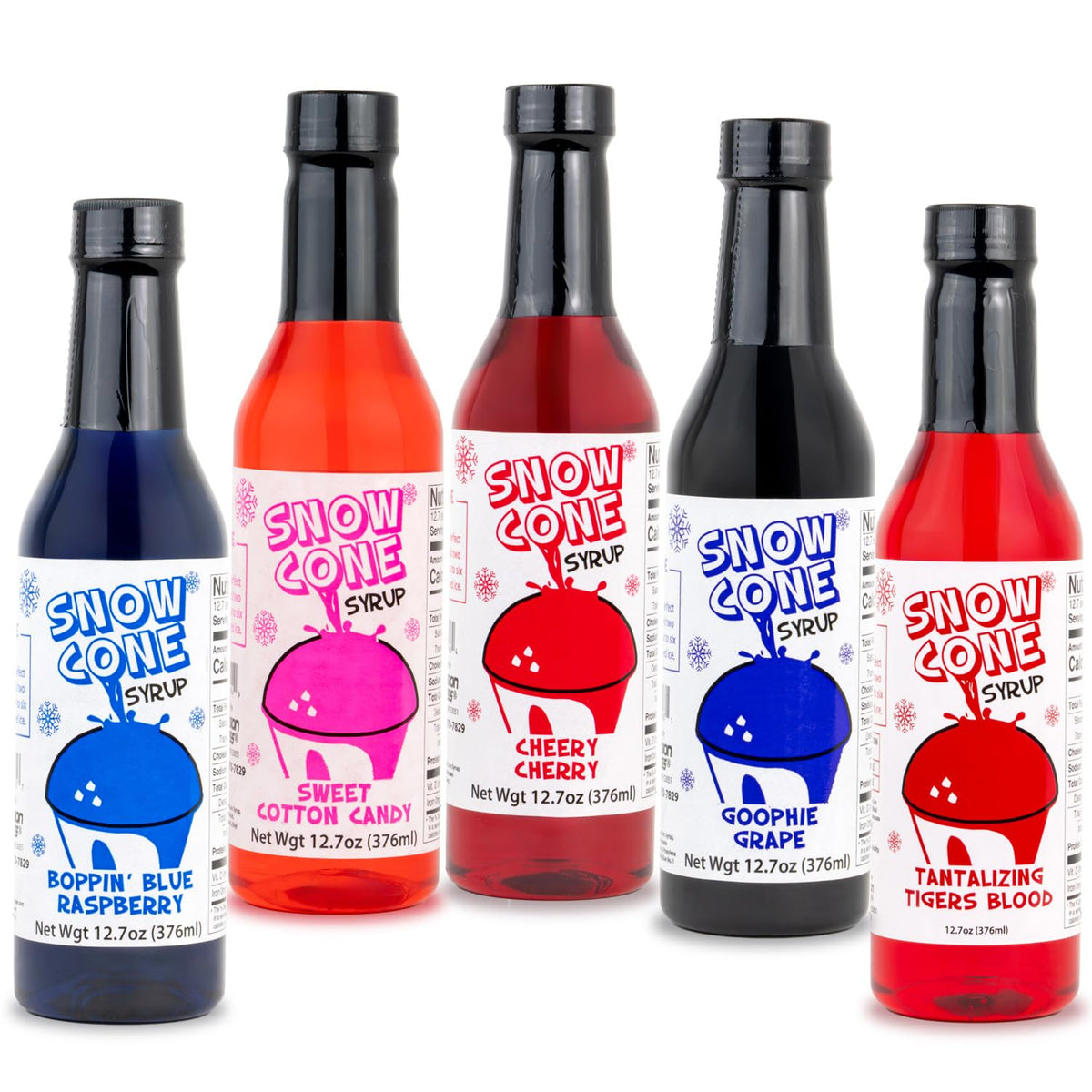 Concession Express Snow Cone Syrup Fun Flavors Pack (5 Flavors, 12.7 oz) – Blue Raspberry, Cherry, Cotton Candy, Grape & Tiger’s Blood