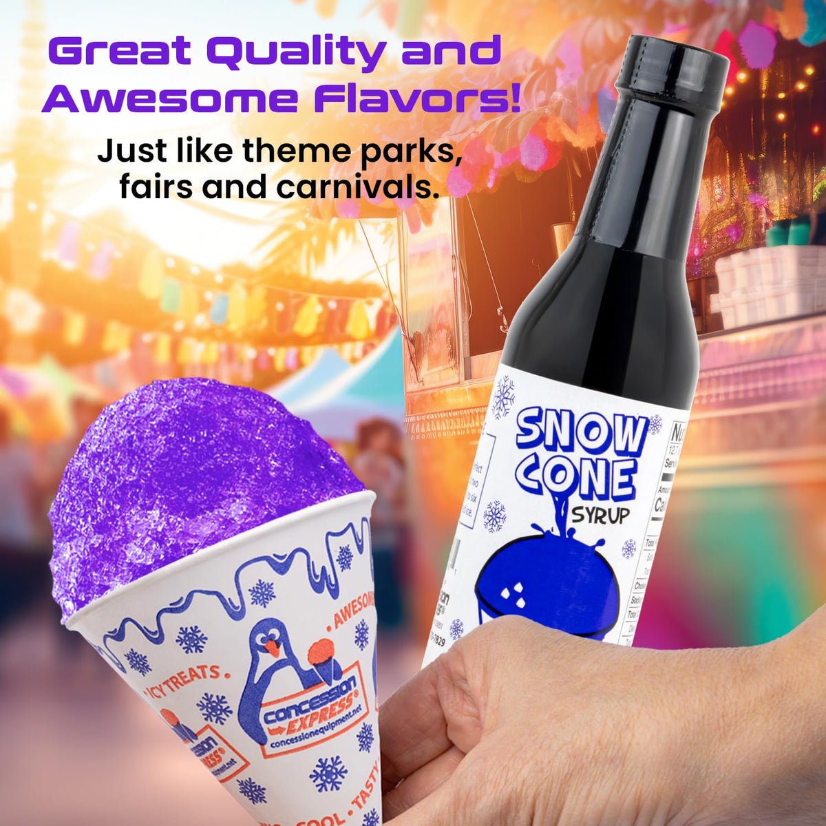 Concession Express Snow Cone Syrup Fun Flavors Pack (5 Flavors, 12.7 oz) – Blue Raspberry, Cherry, Cotton Candy, Grape & Tiger’s Blood