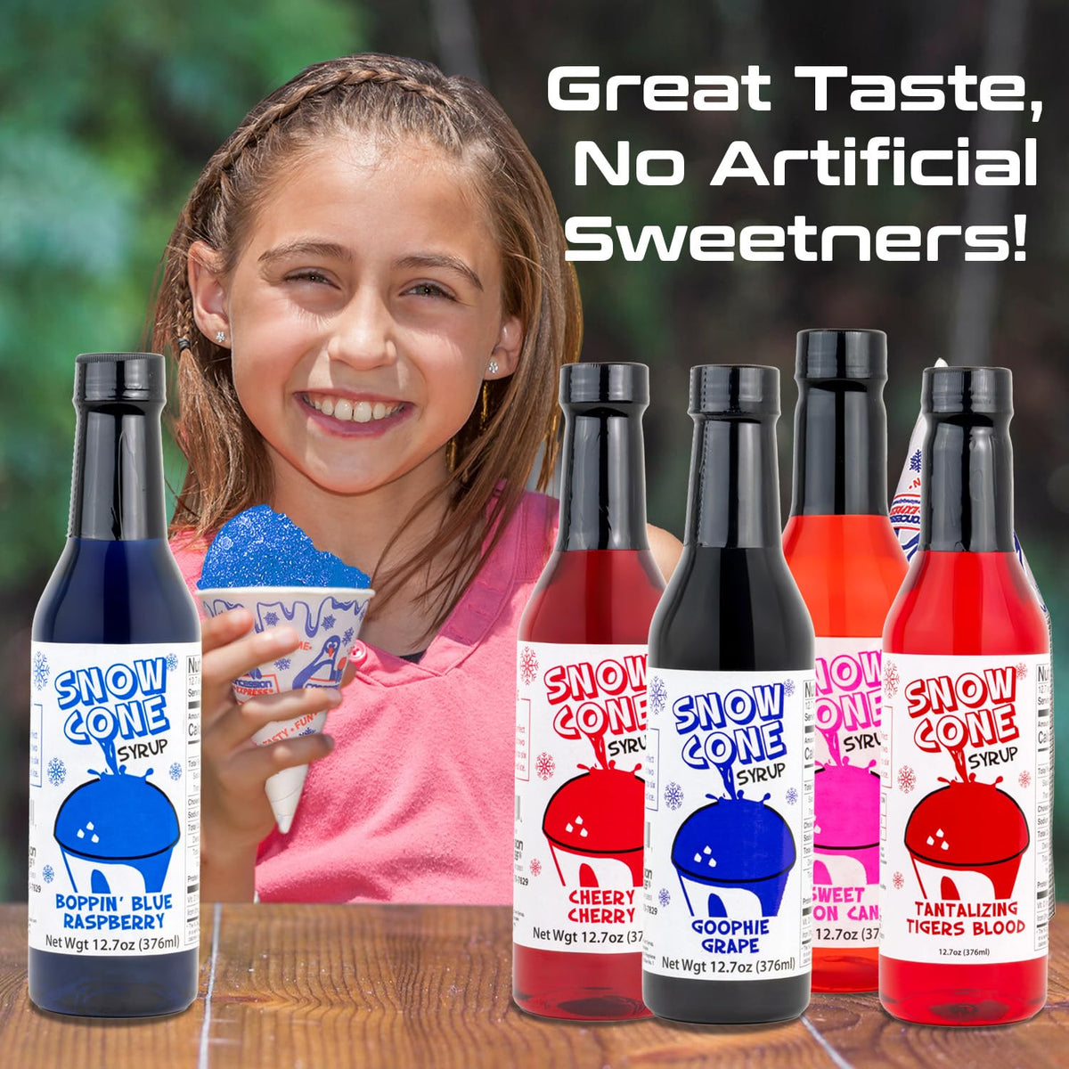 Concession Express Snow Cone Syrup Fun Flavors Pack (5 Flavors, 12.7 oz) – Blue Raspberry, Cherry, Cotton Candy, Grape & Tiger’s Blood