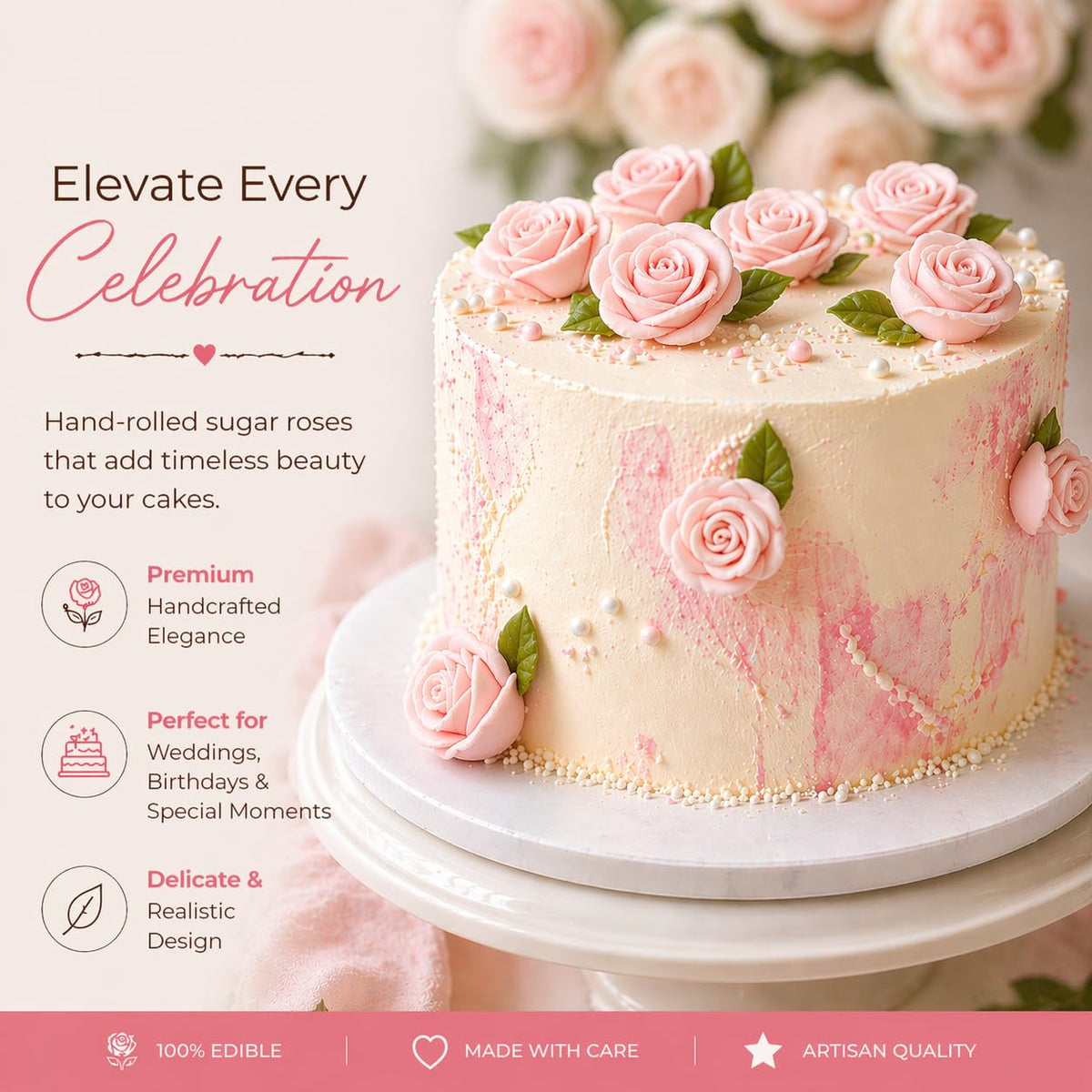 Confect Edible Rose Topper - Vegan Gluten-Free Cupcake Decorations - Pack of 12